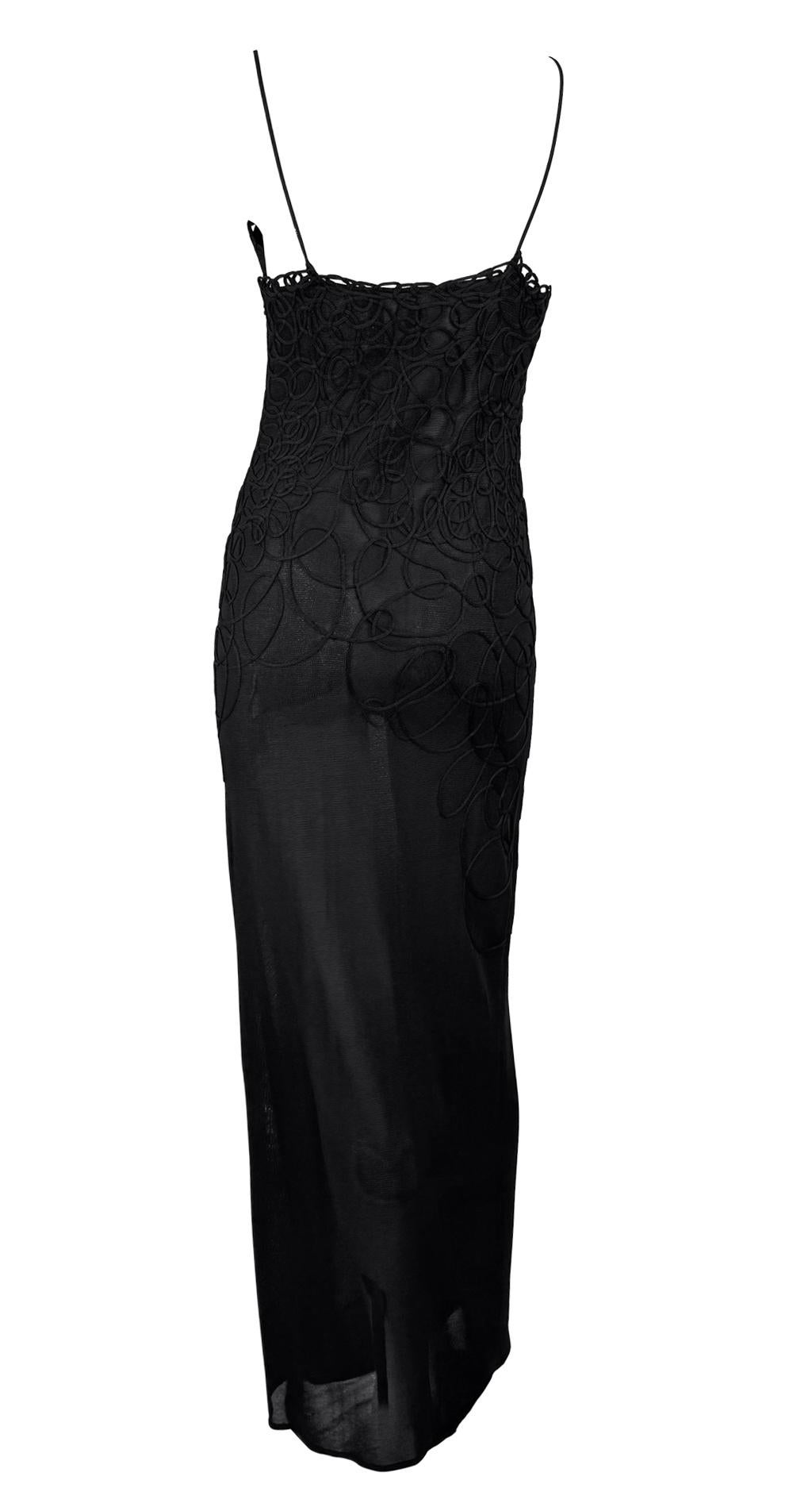 1990s Thierry Mugler Sheer Bodycon Abstract Swirl Embroidered Black Slip Gown For Sale 1