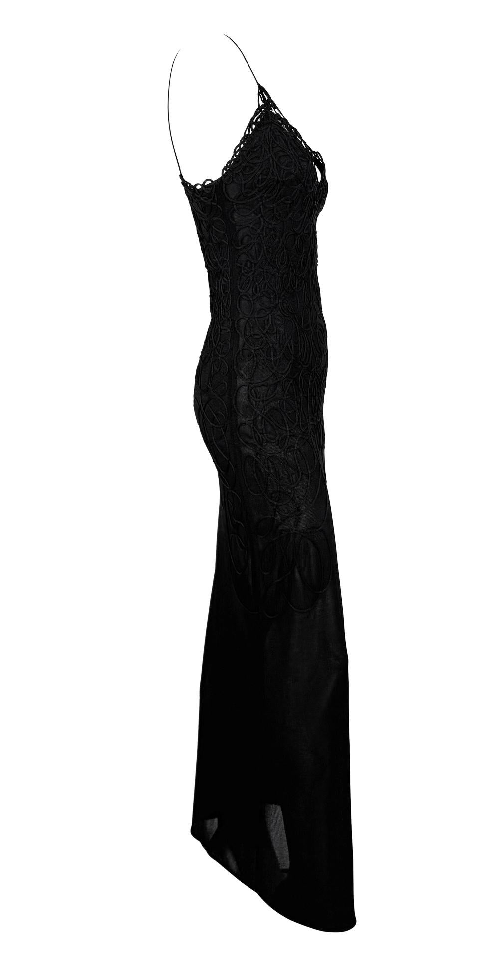 1990s Thierry Mugler Sheer Bodycon Abstract Swirl Embroidered Black Slip Gown For Sale 2
