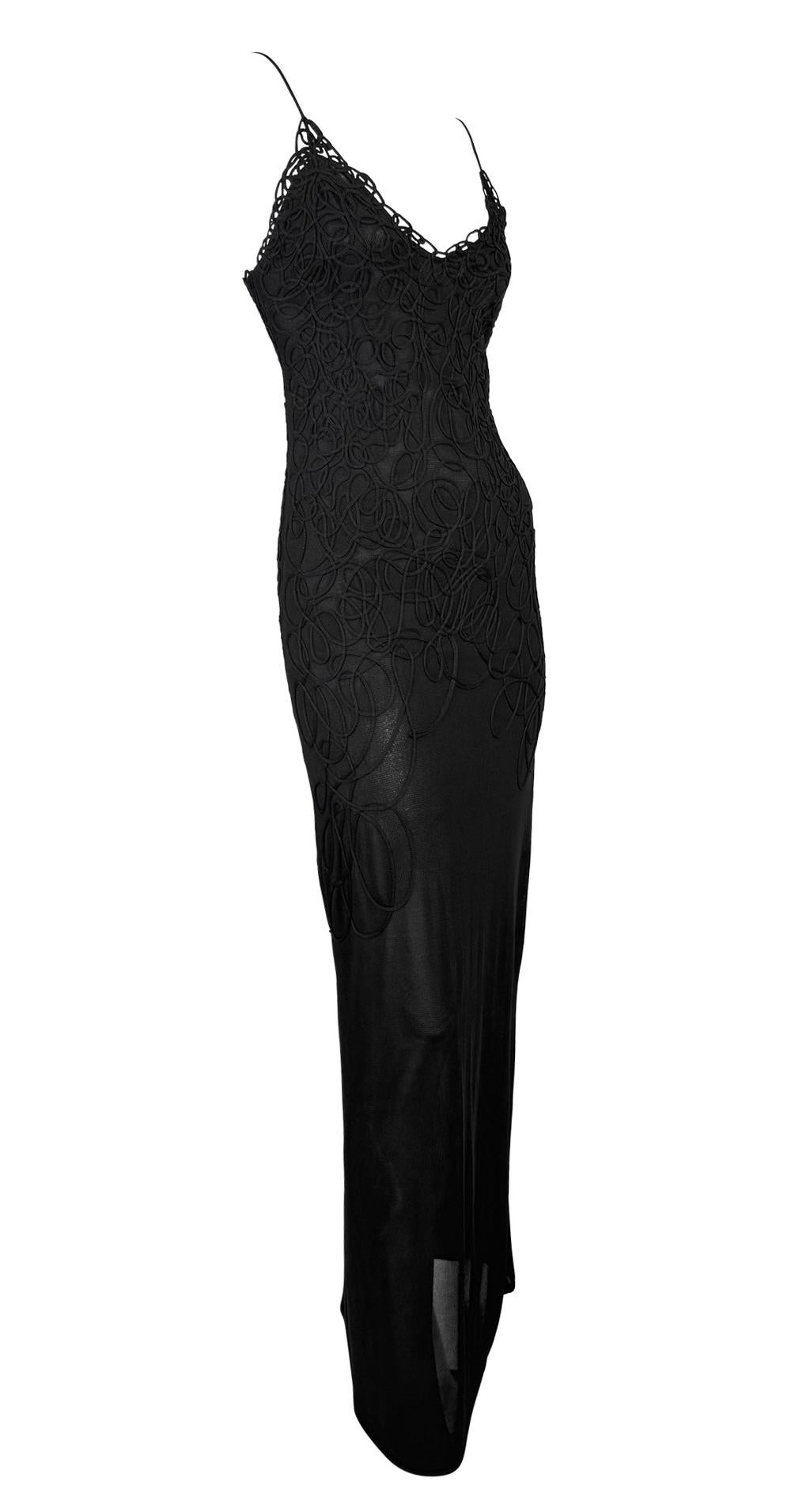 1990s Thierry Mugler Sheer Bodycon Abstract Swirl Embroidered Black Slip Gown For Sale 3