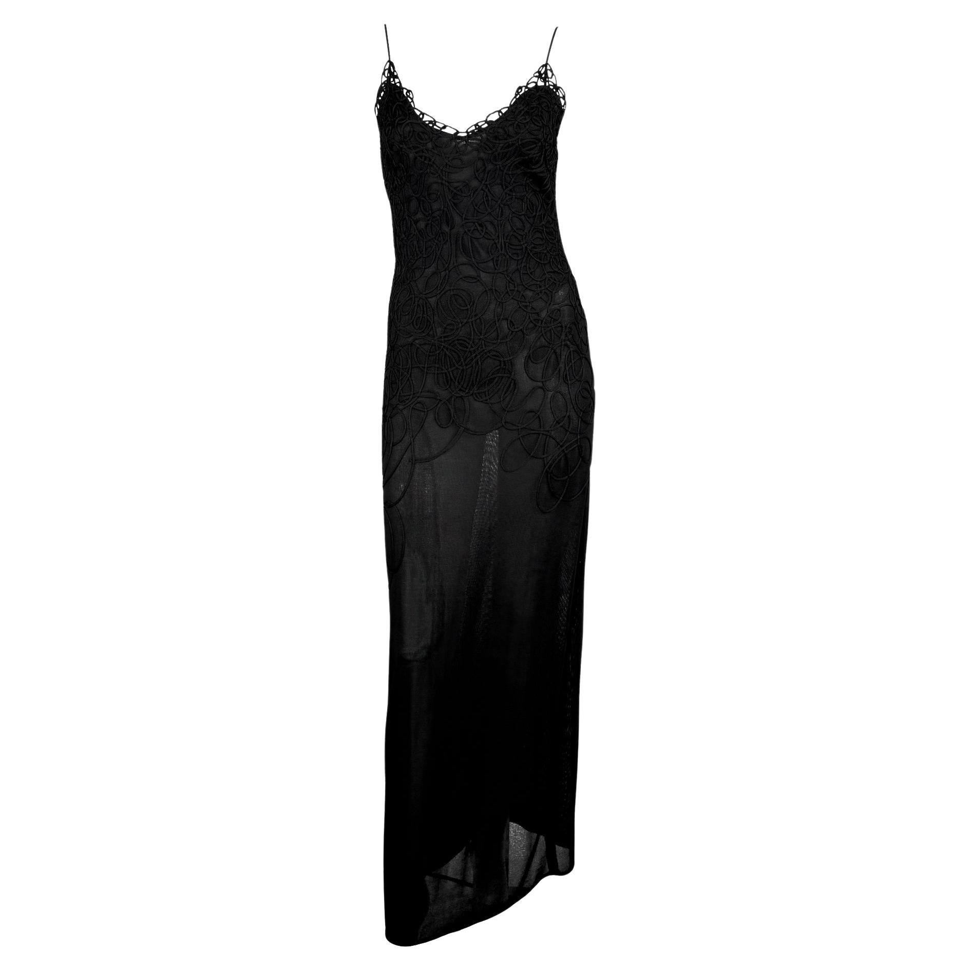 1990s Thierry Mugler Sheer Bodycon Abstract Swirl Embroidered Black Slip Gown For Sale