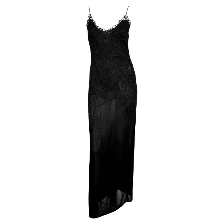 thierry mugler sheer dress 1990s Thierry Mugler Sheer Bodycon Abstract Swirl Embroidered Black Slip  Gown M
