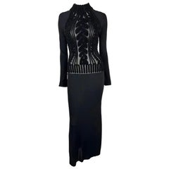 Años 90 Thierry Mugler Vestido bodycon de terciopelo Sheer Devoré Faux Cable-Knit Negro