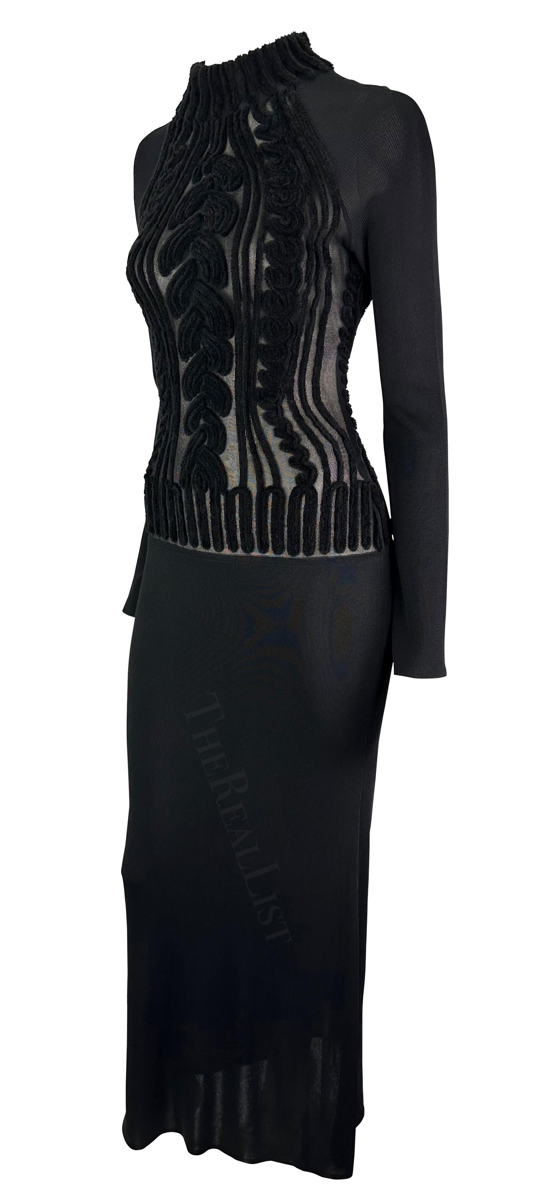 Noir 1990 - Thierry Mugler - Robe moulante en fausse maille torsadée noire en velours transparent Devoré en vente