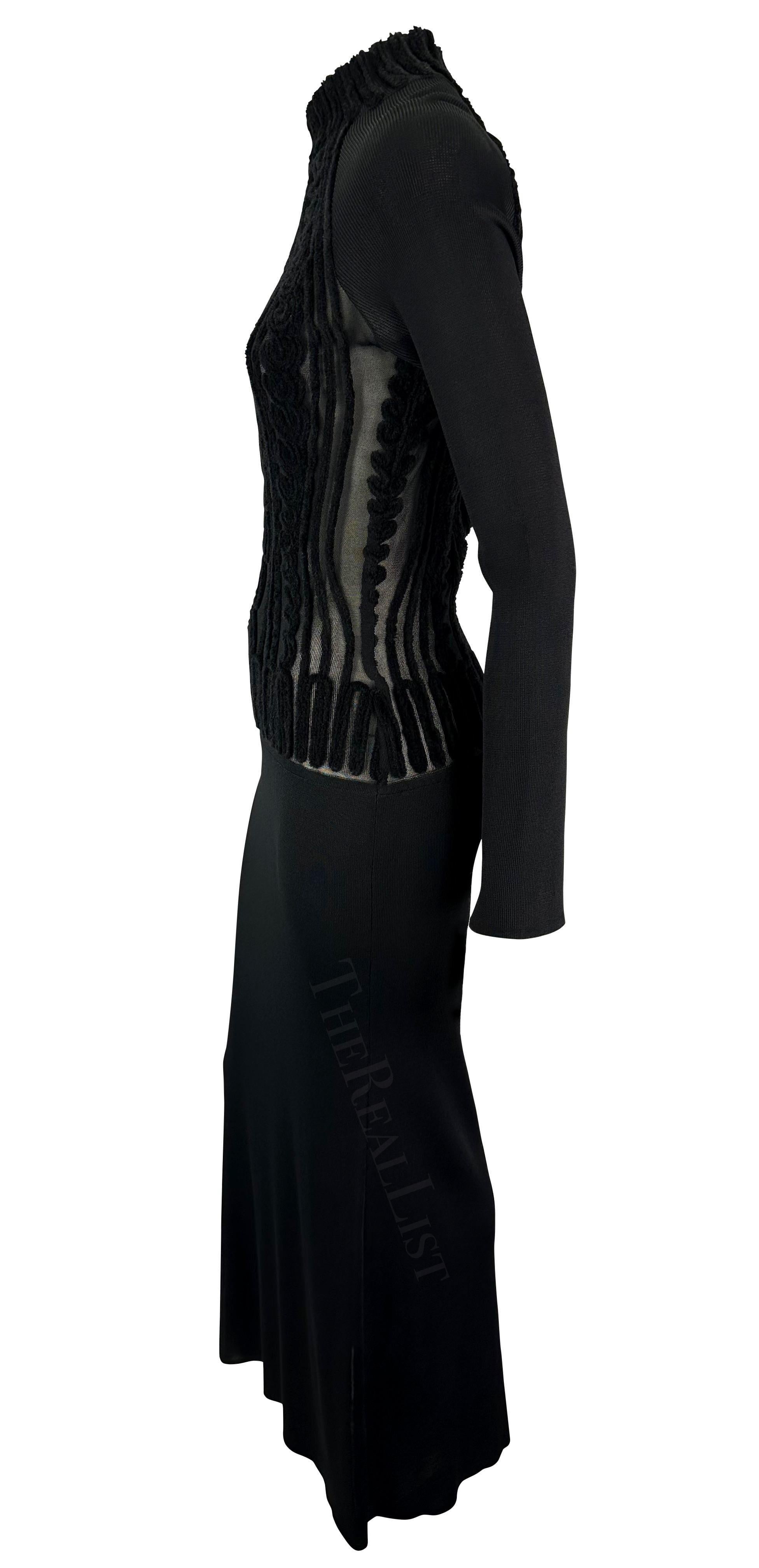 1990 - Thierry Mugler - Robe moulante en fausse maille torsadée noire en velours transparent Devoré Excellent état - En vente à West Hollywood, CA