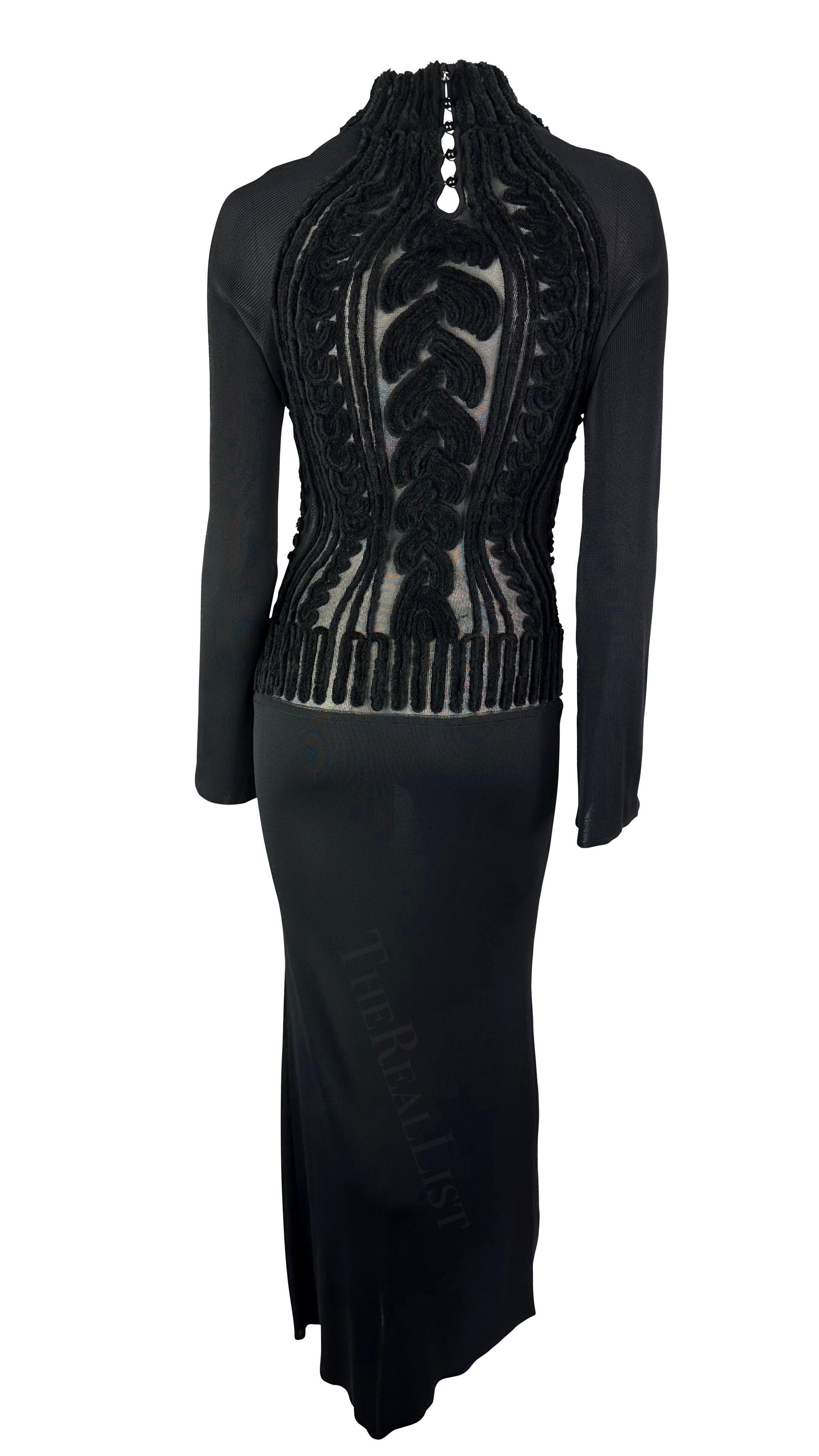1990 - Thierry Mugler - Robe moulante en fausse maille torsadée noire en velours transparent Devoré Pour femmes en vente