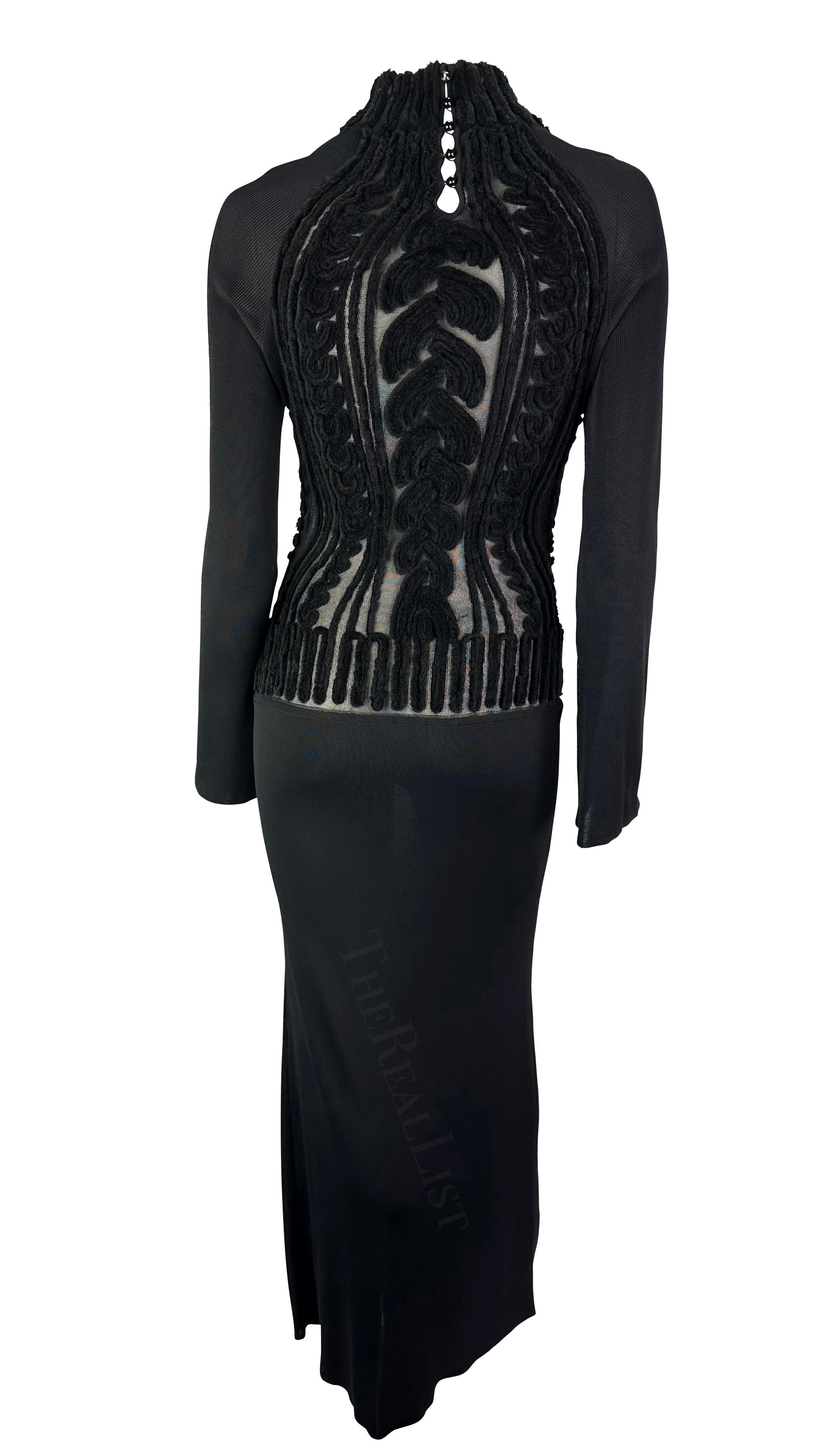 1990s Thierry Mugler Sheer Velvet Devoré Faux Cable-Knit Black Bodycon Gown For Sale 1