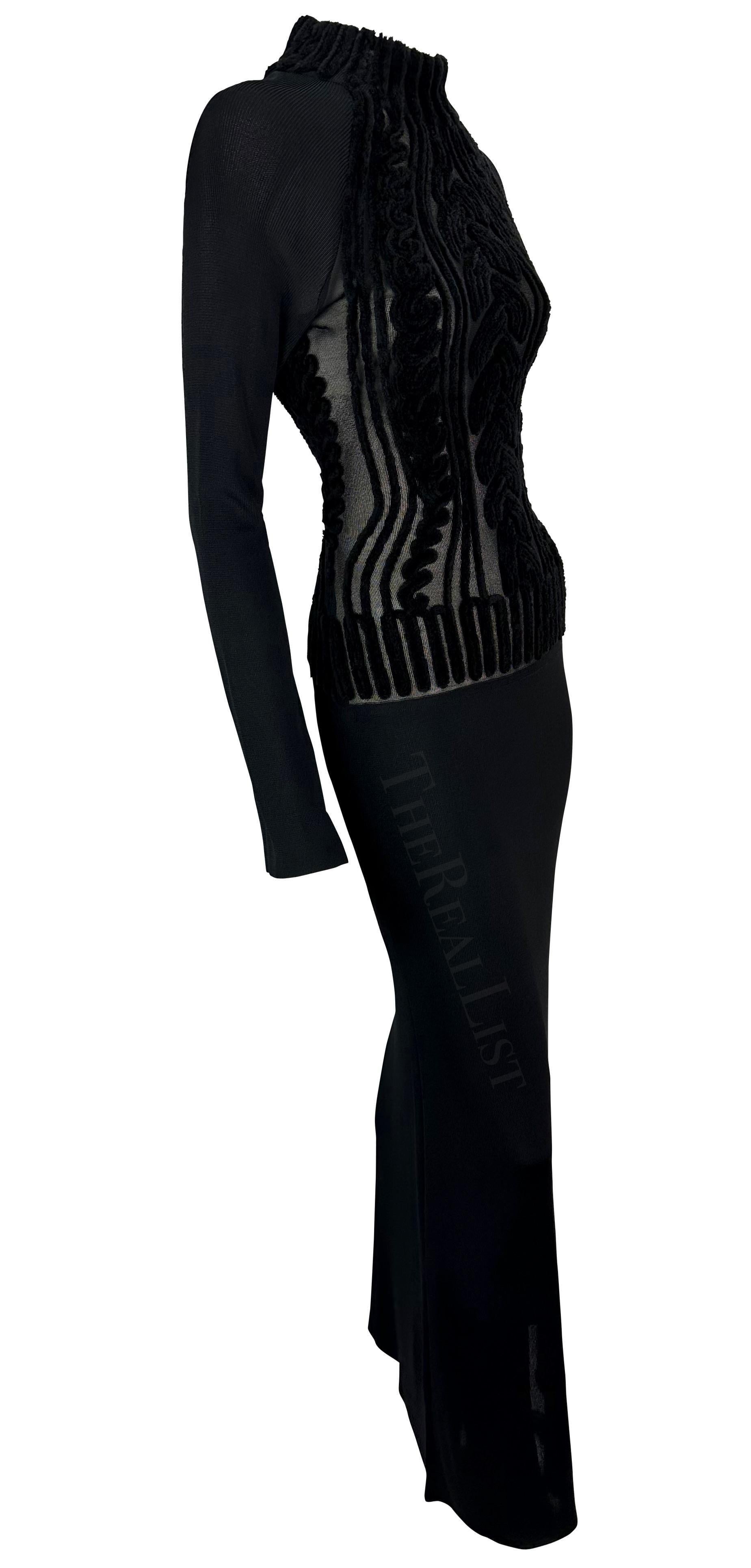 1990 - Thierry Mugler - Robe moulante en fausse maille torsadée noire en velours transparent Devoré en vente 1