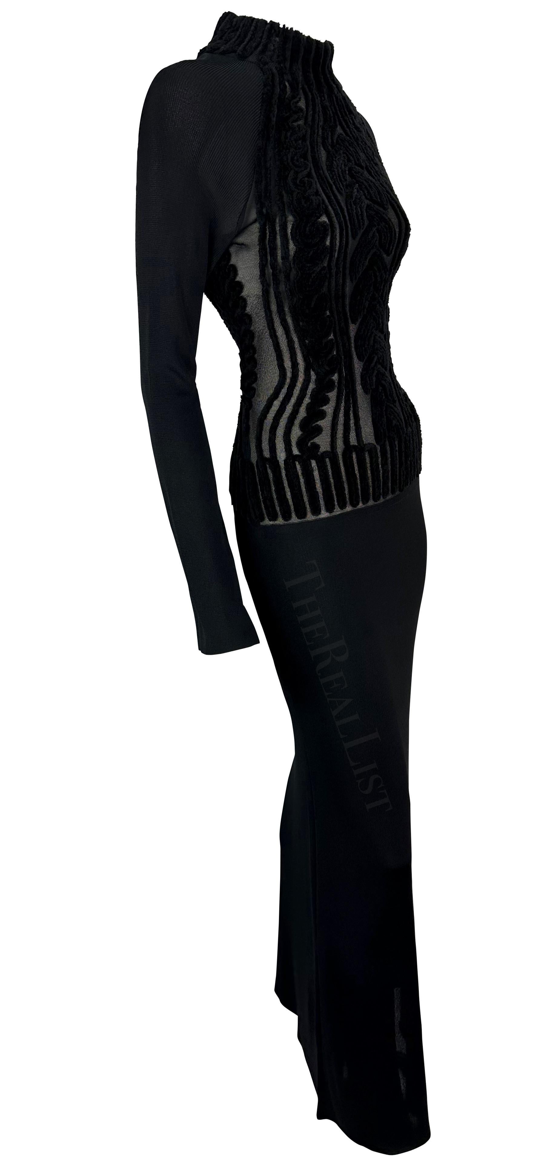 1990 - Thierry Mugler - Robe moulante en fausse maille torsadée noire en velours transparent Devoré en vente 2