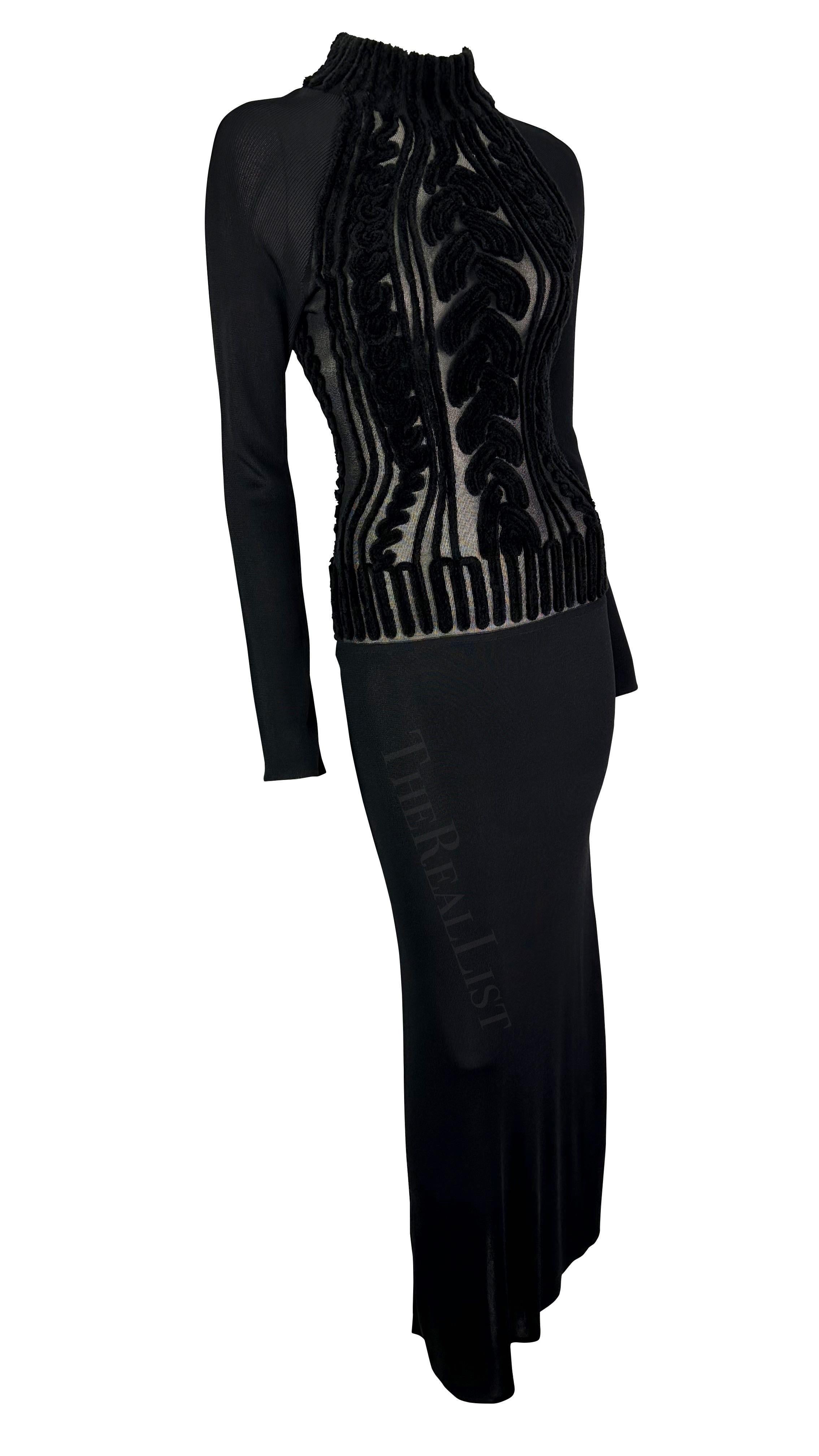 1990 - Thierry Mugler - Robe moulante en fausse maille torsadée noire en velours transparent Devoré en vente 2