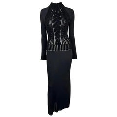 1990 - Thierry Mugler - Robe moulante en fausse maille torsadée noire en velours transparent Devoré