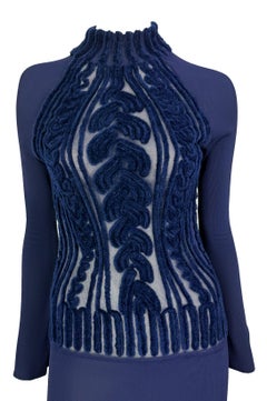 1990s Thierry Mugler Sheer Velvet Devoré Faux Cable-Knit Navy Blue Bodycon Gown