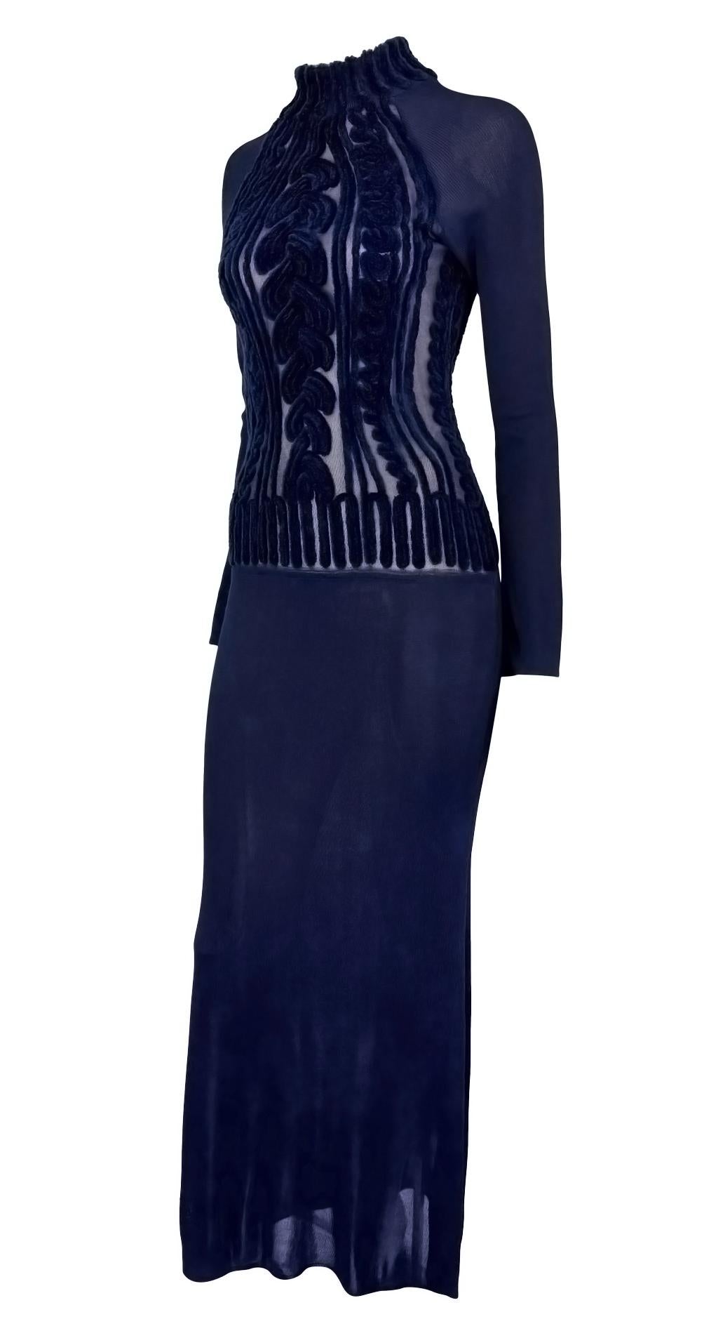 Black 1990s Thierry Mugler Sheer Velvet Devoré Faux Cable-Knit Navy Blue Bodycon Gown For Sale
