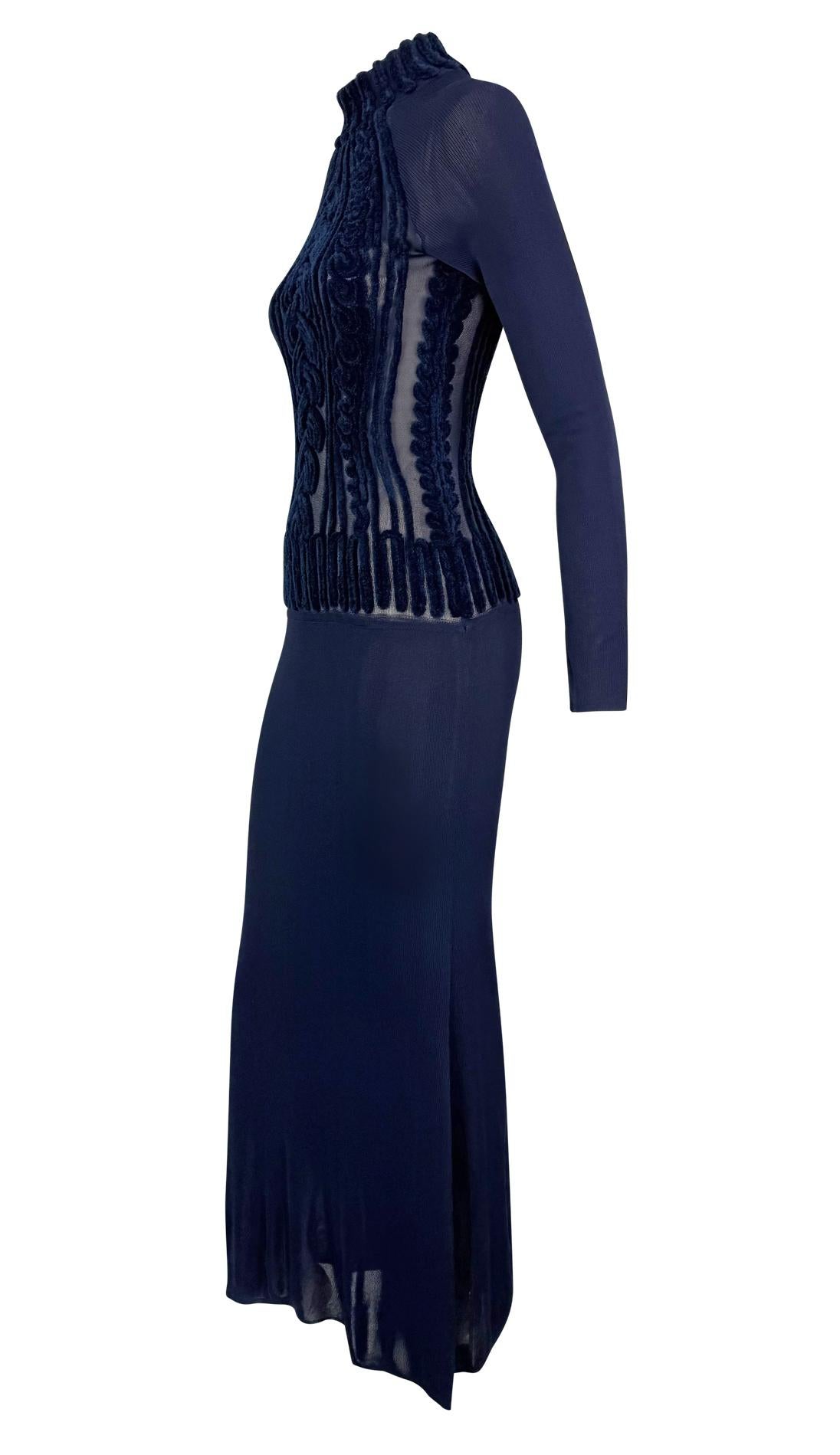 1990s Thierry Mugler Sheer Velvet Devoré Faux Cable-Knit Navy Blue Bodycon Gown In Excellent Condition For Sale In West Hollywood, CA