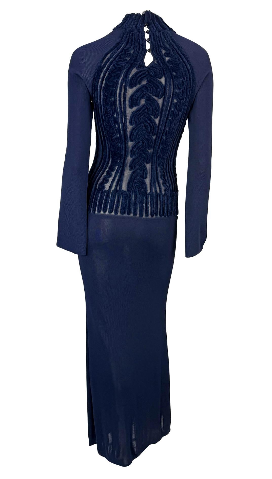 Women's 1990s Thierry Mugler Sheer Velvet Devoré Faux Cable-Knit Navy Blue Bodycon Gown For Sale