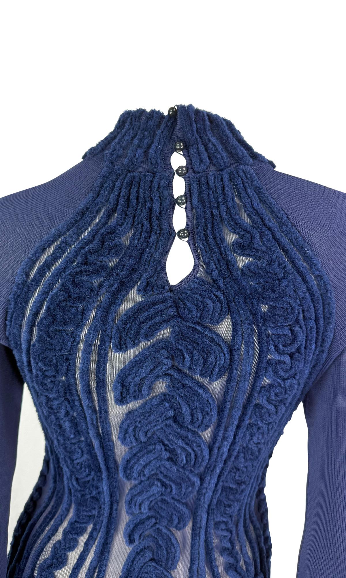 1990s Thierry Mugler Sheer Velvet Devoré Faux Cable-Knit Navy Blue Bodycon Gown For Sale 1