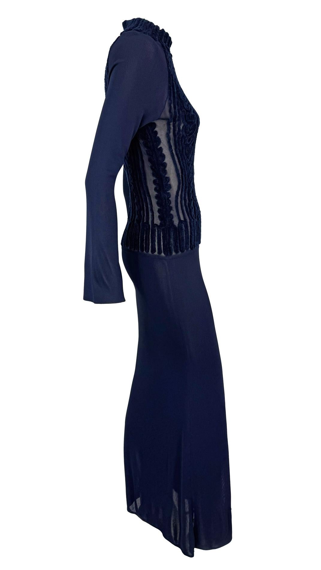 1990s Thierry Mugler Sheer Velvet Devoré Faux Cable-Knit Navy Blue Bodycon Gown For Sale 2