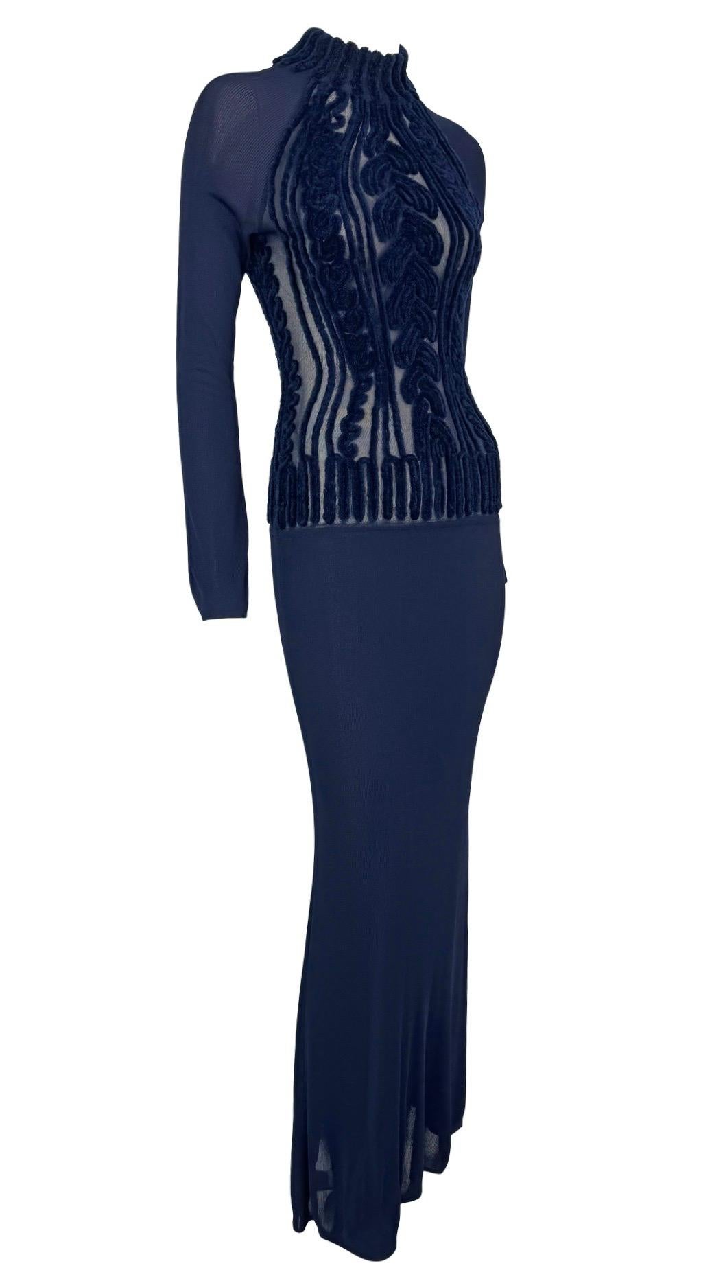 1990s Thierry Mugler Sheer Velvet Devoré Faux Cable-Knit Navy Blue Bodycon Gown For Sale 3