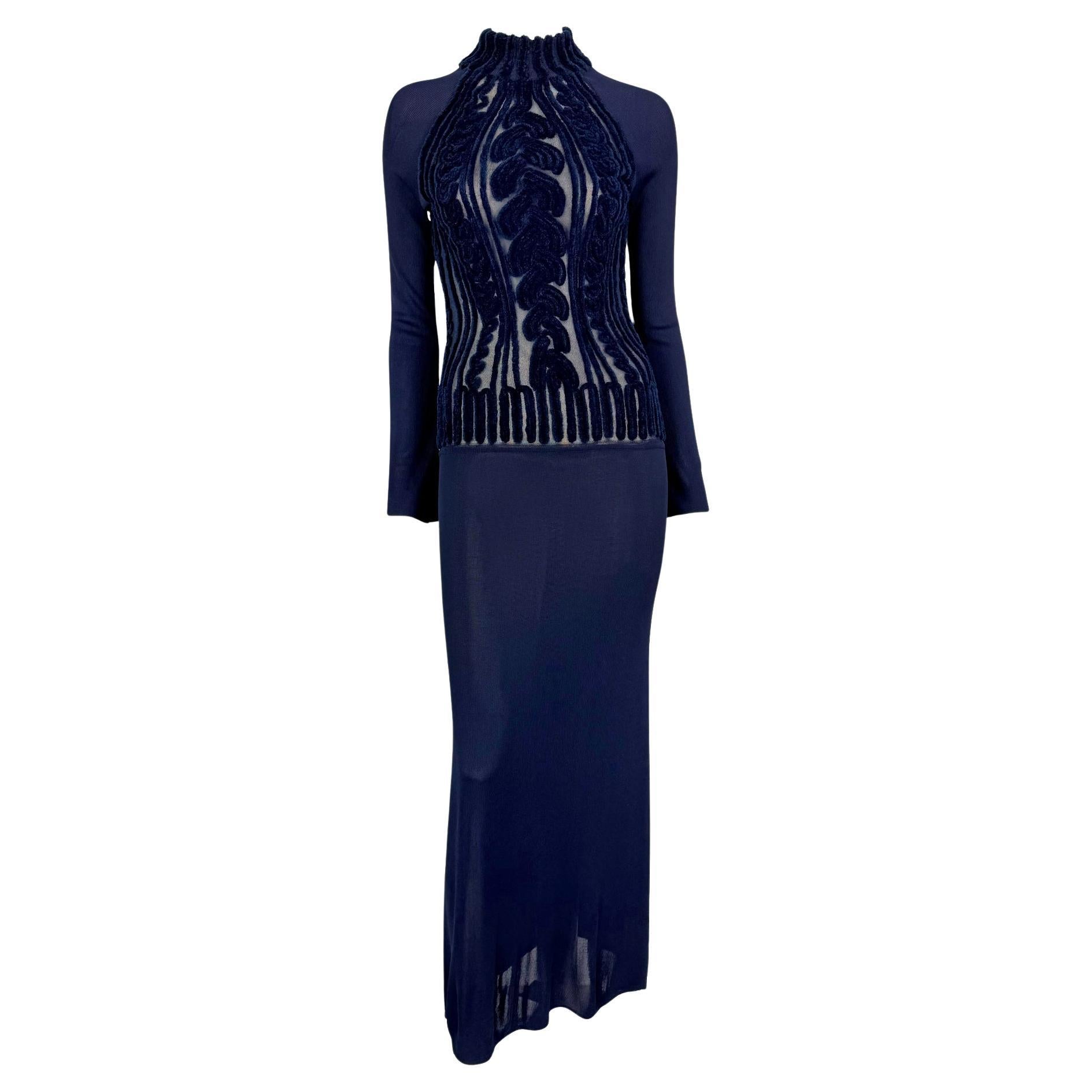 1990s Thierry Mugler Sheer Velvet Devoré Faux Cable-Knit Navy Blue Bodycon Gown For Sale