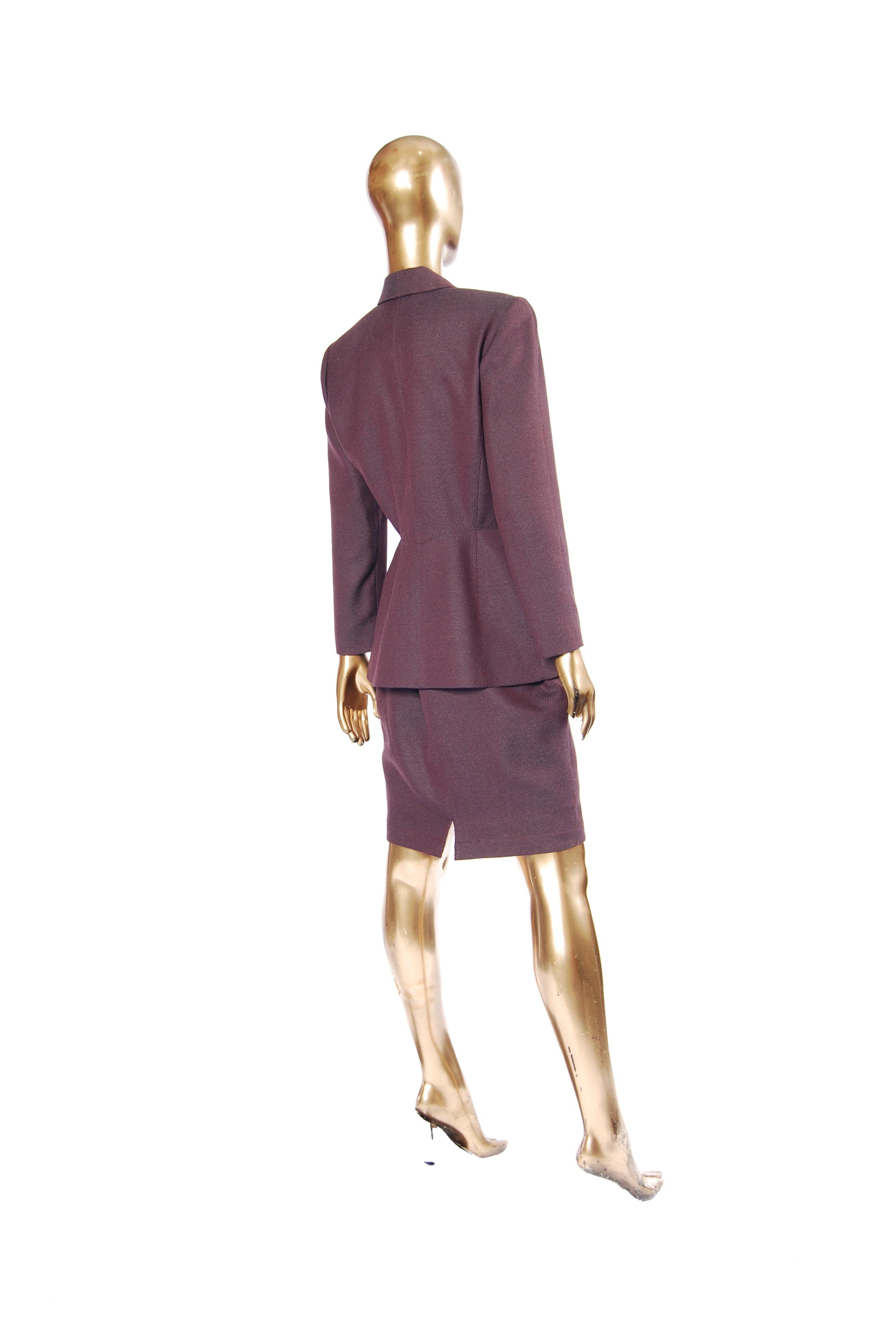 Gray F/W 1998 Thierry Mugler Runway Burgundy Sculptural Skirt Suit with Metal Appliqu For Sale