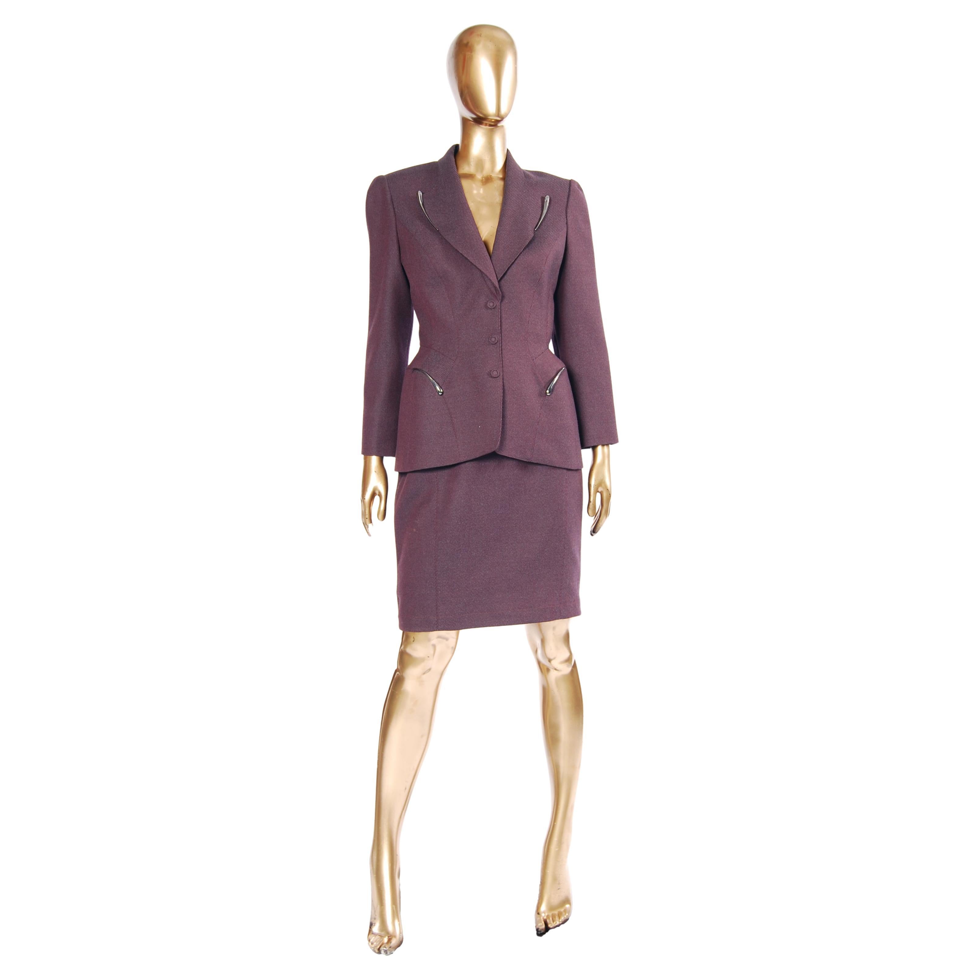 F/W 1998 Thierry Mugler Runway Burgundy Sculptural Skirt Suit with Metal Appliqu For Sale