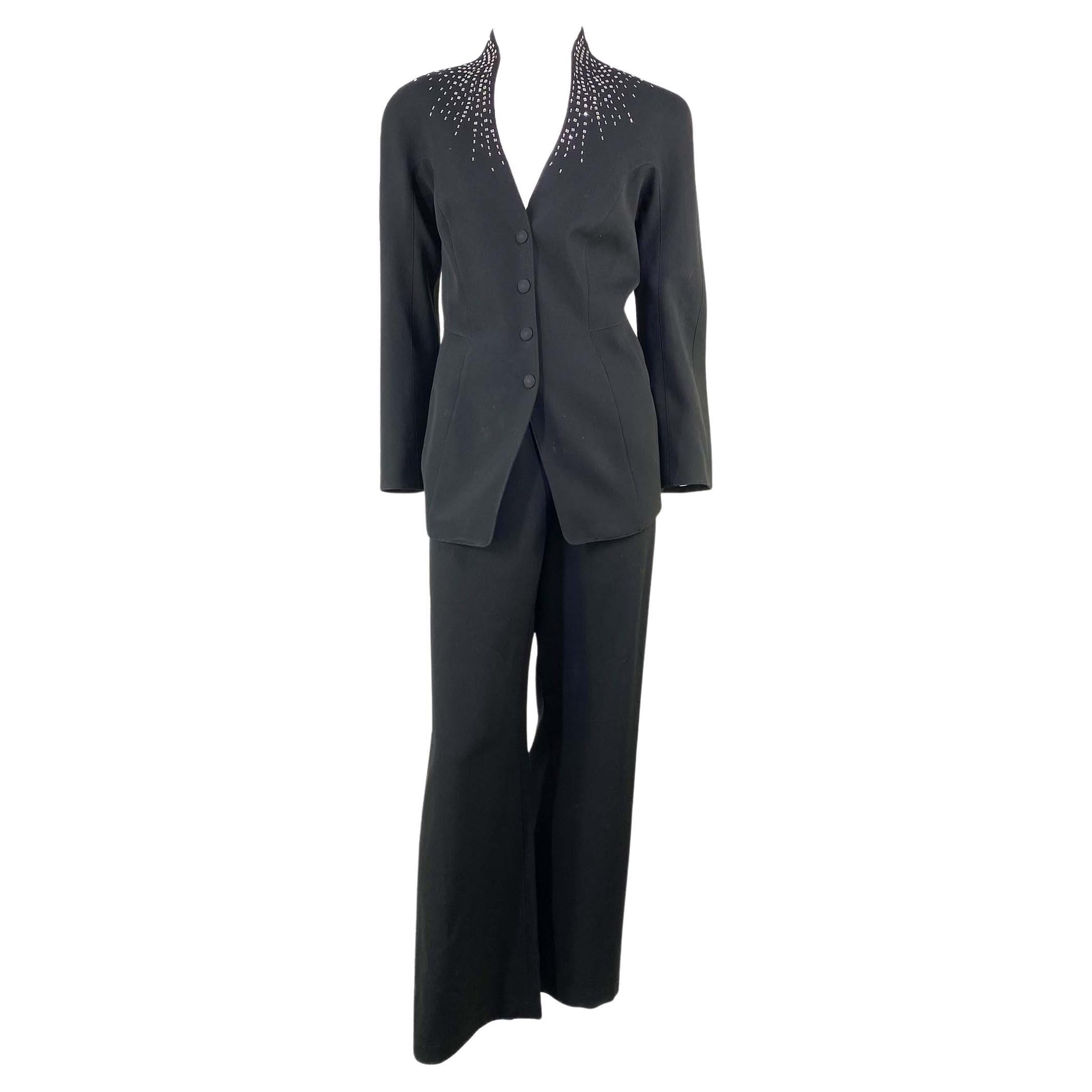 1990s Thierry Mugler Square Rhinestone Wide Leg Pantsuit  For Sale