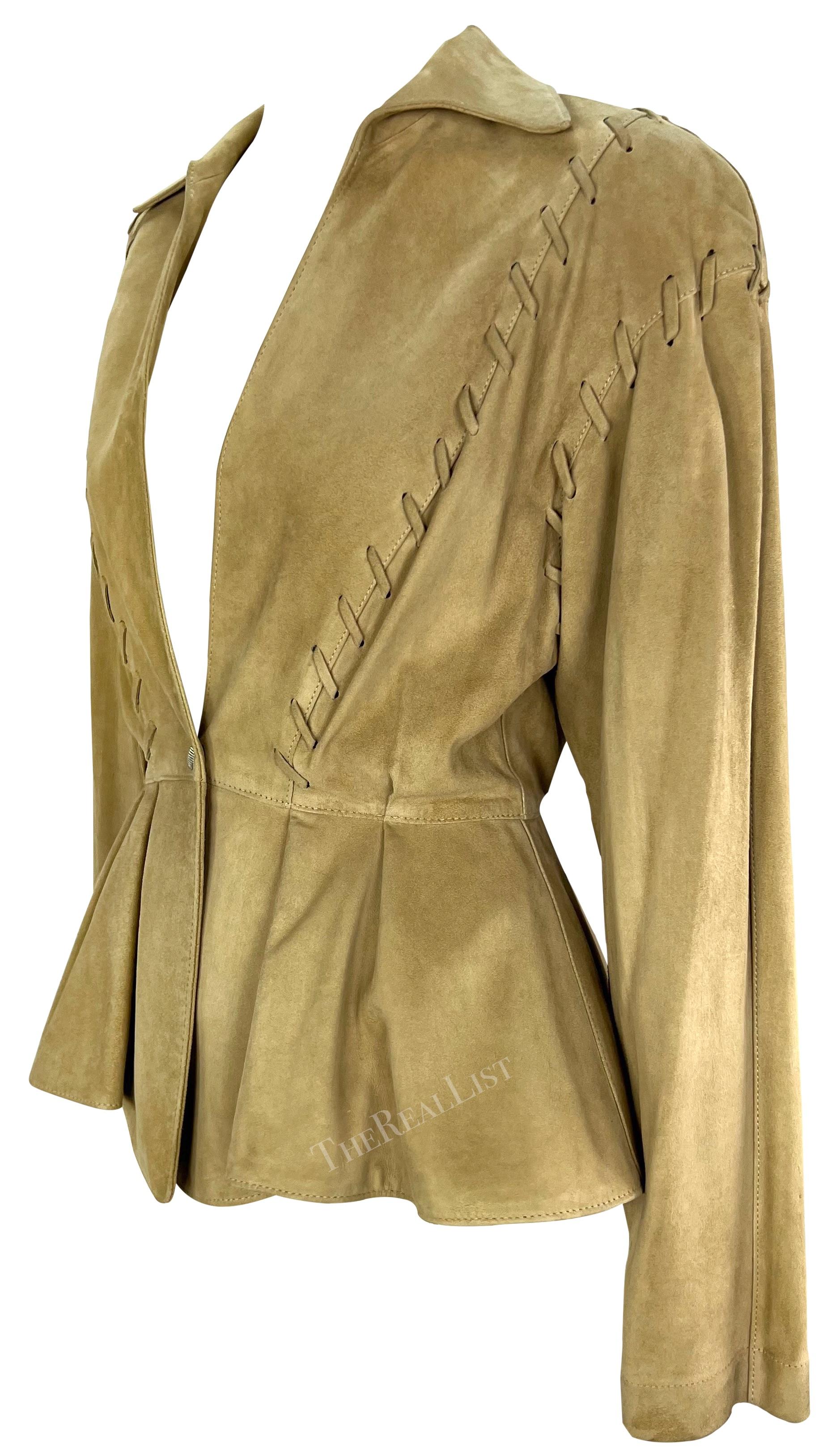 1990er Thierry Mugler Tan Suede Leder Plunging Western Whipstitch Jacket im Zustand „Gut“ im Angebot in West Hollywood, CA