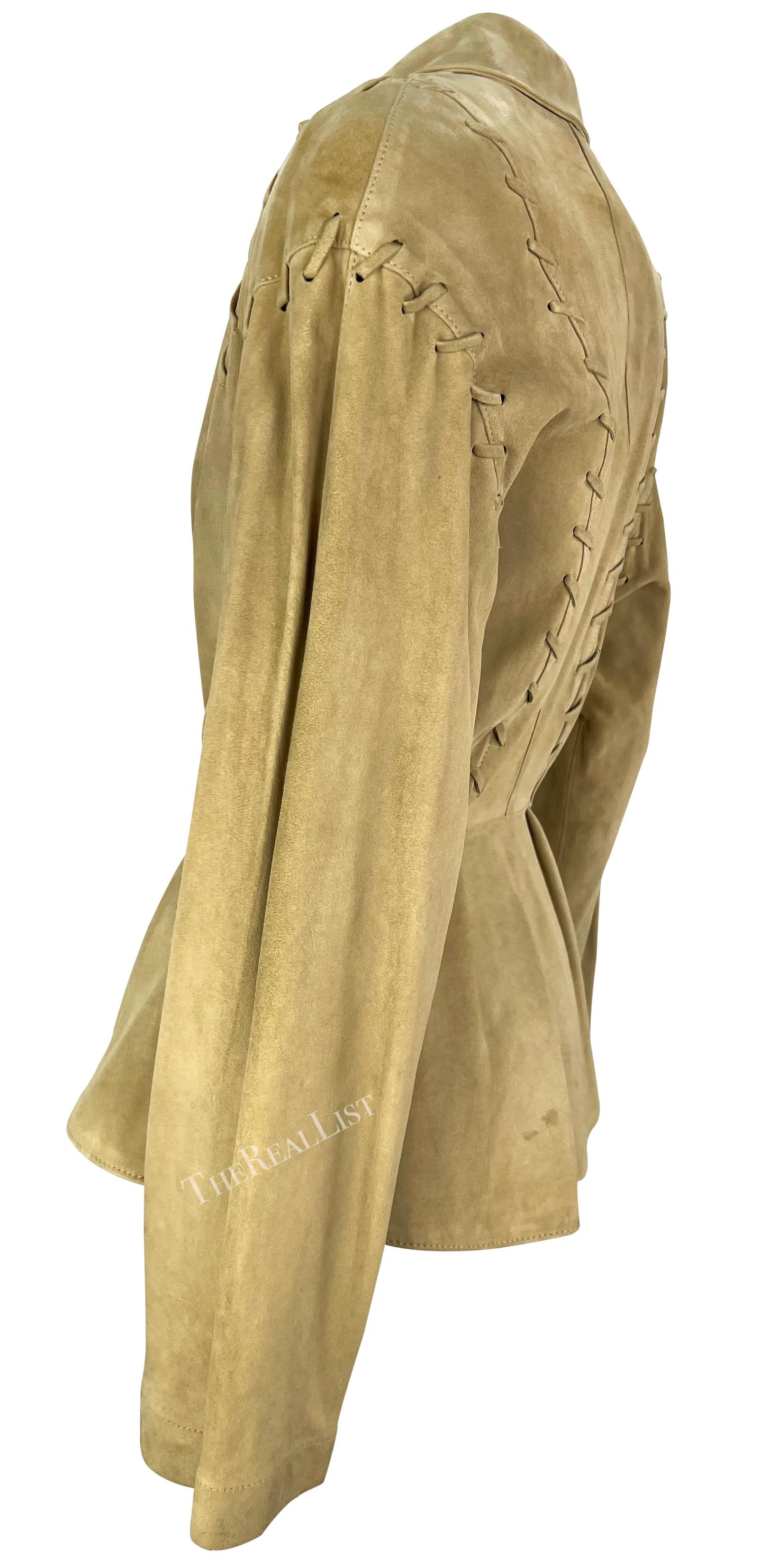 Women's 1990s Thierry Mugler Tan Suede Leather Plunging Western Whipstitch Jacket For Sale