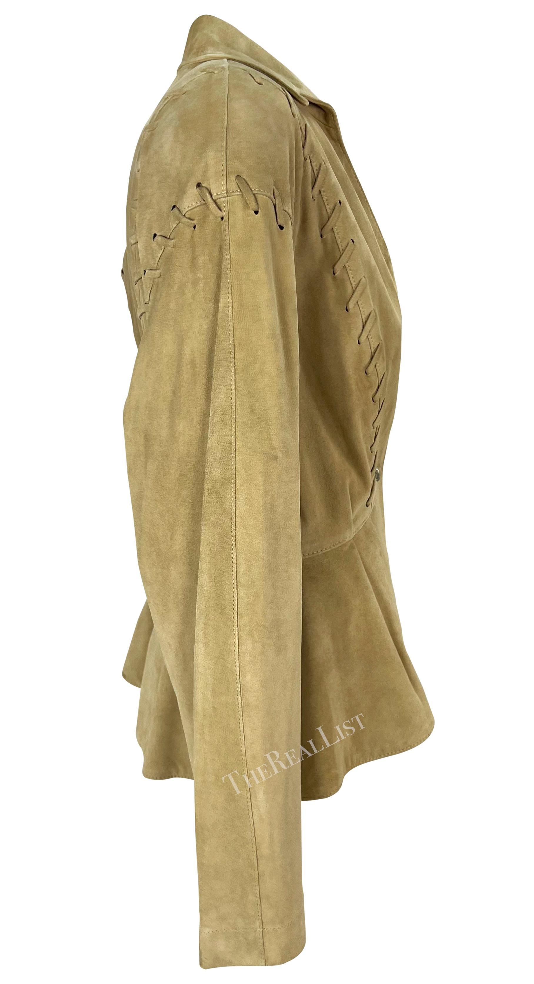 1990s Thierry Mugler Tan Suede Leather Plunging Western Whipstitch Jacket For Sale 2