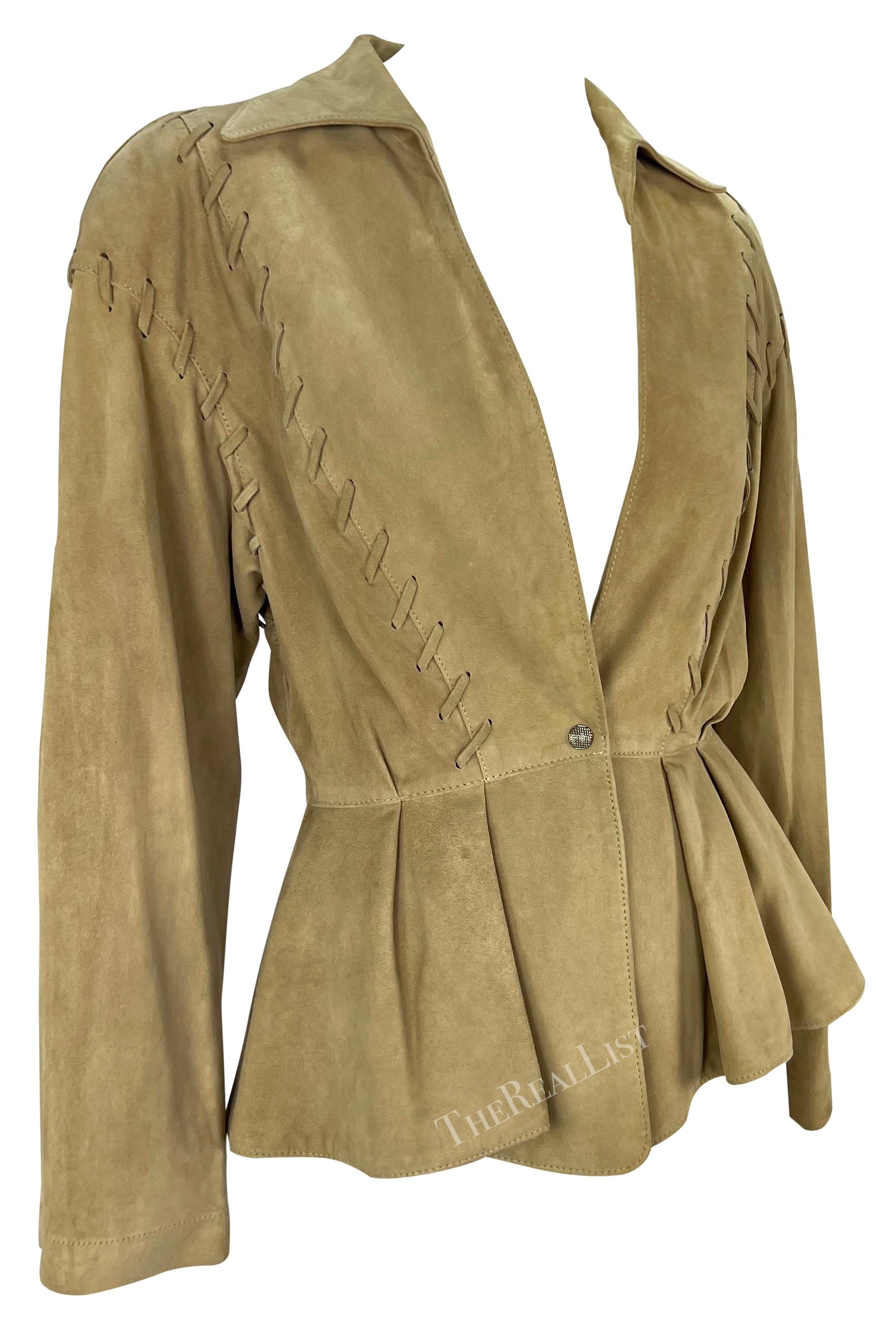 1990s Thierry Mugler Tan Suede Leather Plunging Western Whipstitch Jacket For Sale 3