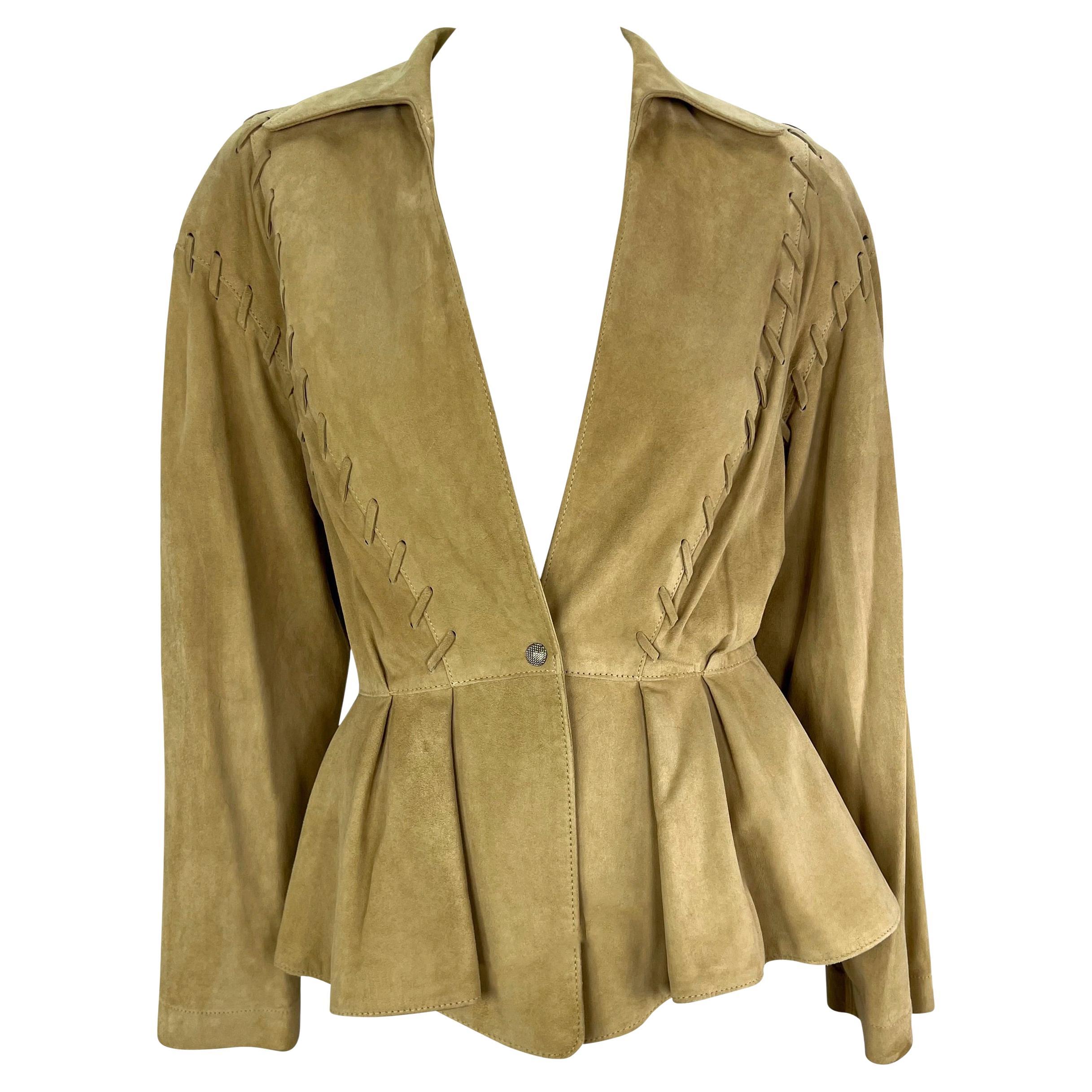 1990s Thierry Mugler Tan Suede Leather Plunging Western Whipstitch Jacket For Sale