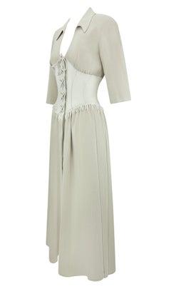 1990 Thierry Mugler Taupe Western Fringe Waist Corset Plunging Maxi Dress