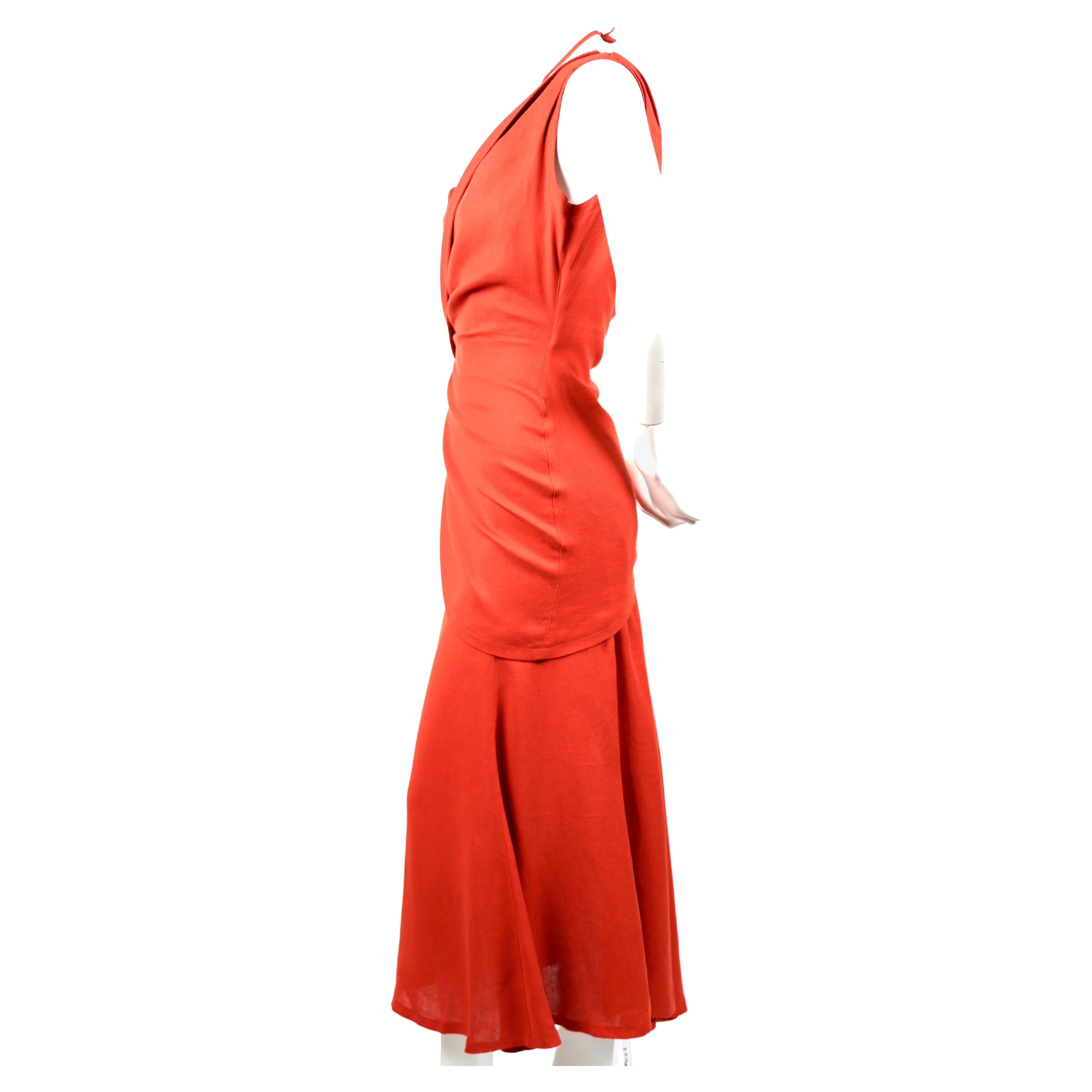 1990's THIERRY MUGLER terracotta linen dress with asymmetrical wrap  In Good Condition For Sale In San Fransisco, CA