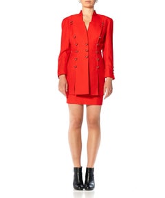 1990S THIERRY MUGLER Tomato Red Wool "Pierced" Skirt Suit