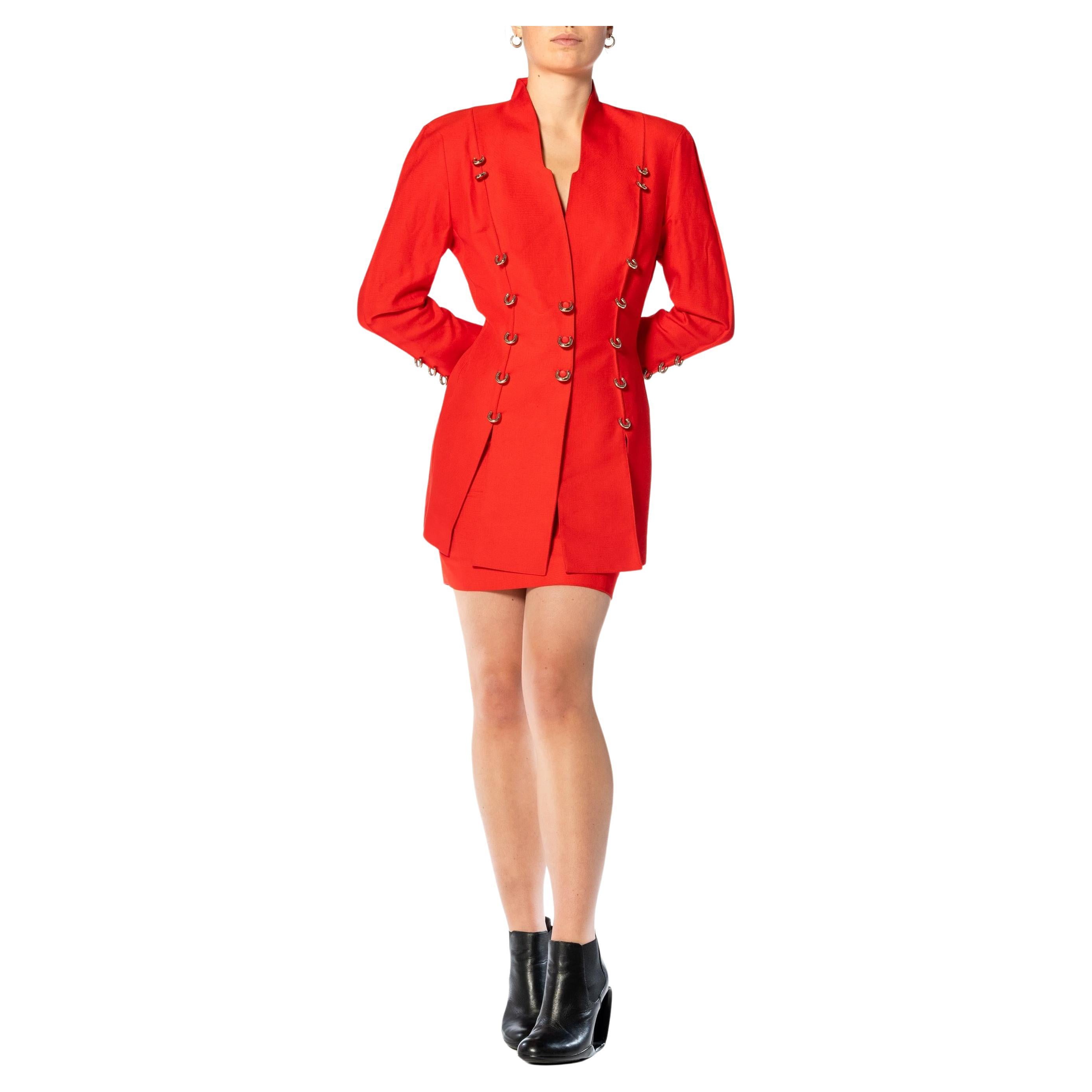 1990S THIERRY MUGLER Tomato Red Wool "Pierced" Skirt Suit For Sale