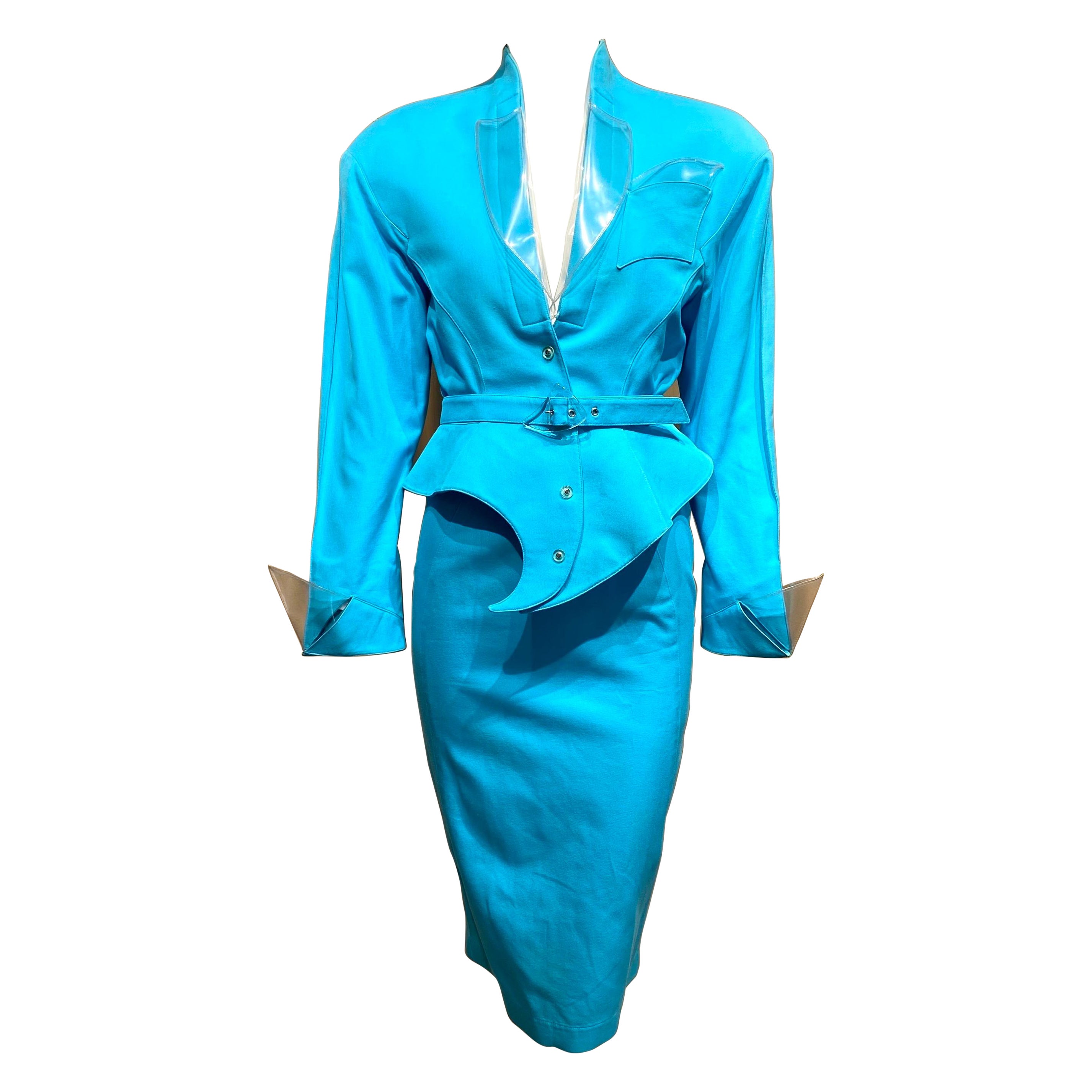 1990 Thierry Mugler Ensemble jupe en coton turquoise