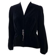 1990s Thierry Mugler Velvet Rhinestone Pendant Brooch Closure Vintage Blazer