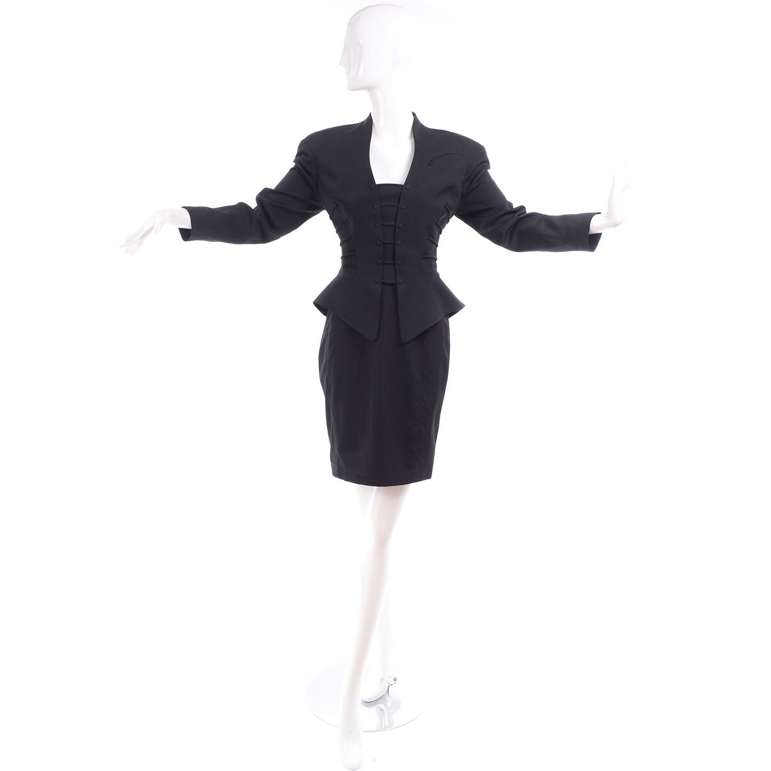 Women's 1990s Thierry Mugler Vintage Black Peplum Band Leader Jacket & Pencil Skirt Suit