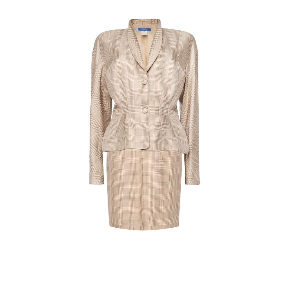 Beige 1990s THIERRY MUGLER VINTAGE PLAID SILK SKIRT SUIT For Sale