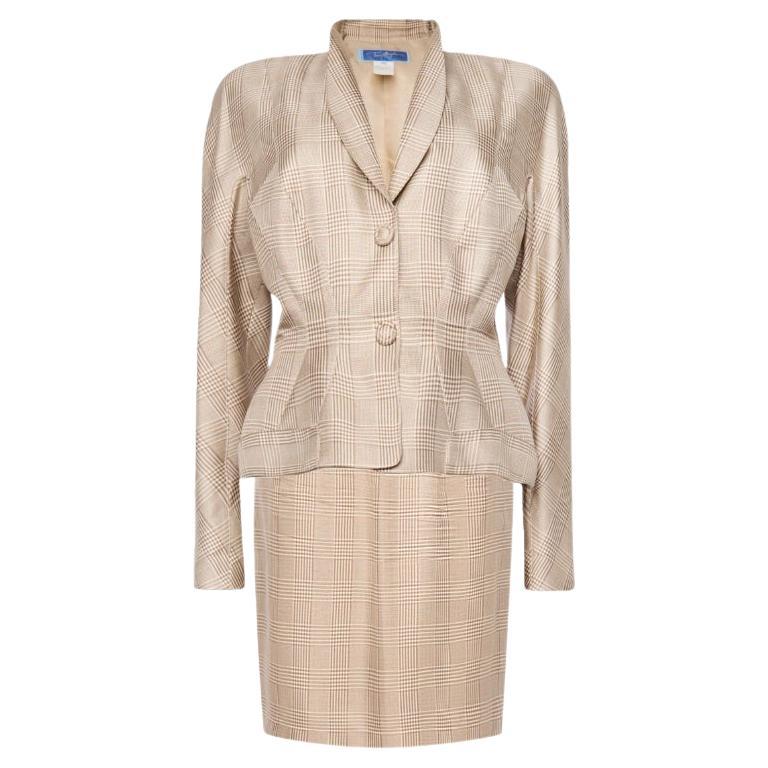 1990s THIERRY MUGLER VINTAGE PLAID SILK SKIRT SUIT For Sale