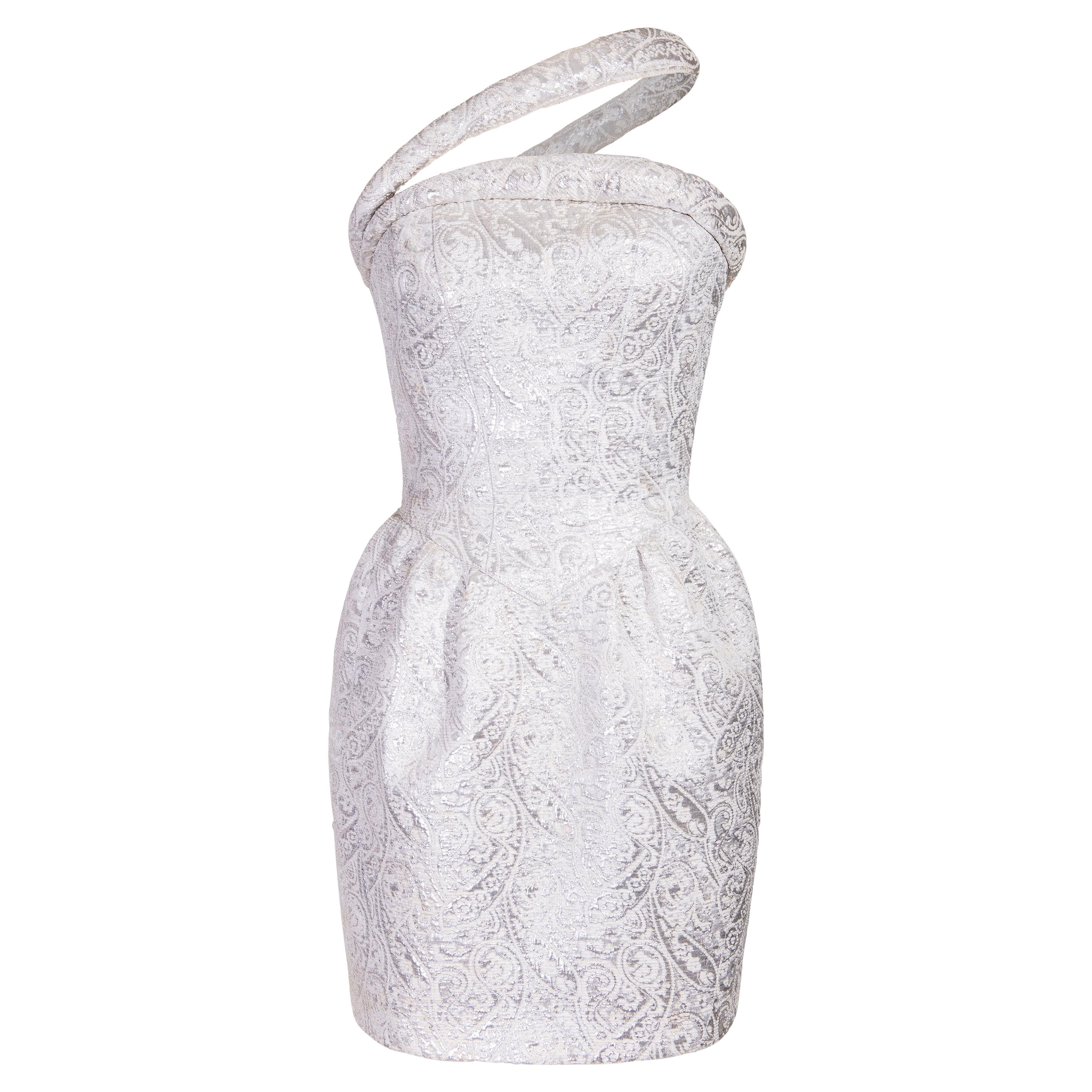 1990's Thierry Mugler White and Silver Wool Asymmetrical Corset Dress