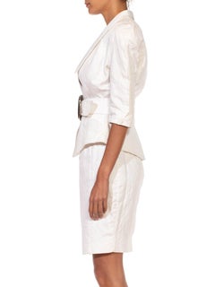 1990S THIERRY MUGLER White Cotton Floral Jacquard Skirt Suit With Matching Belt