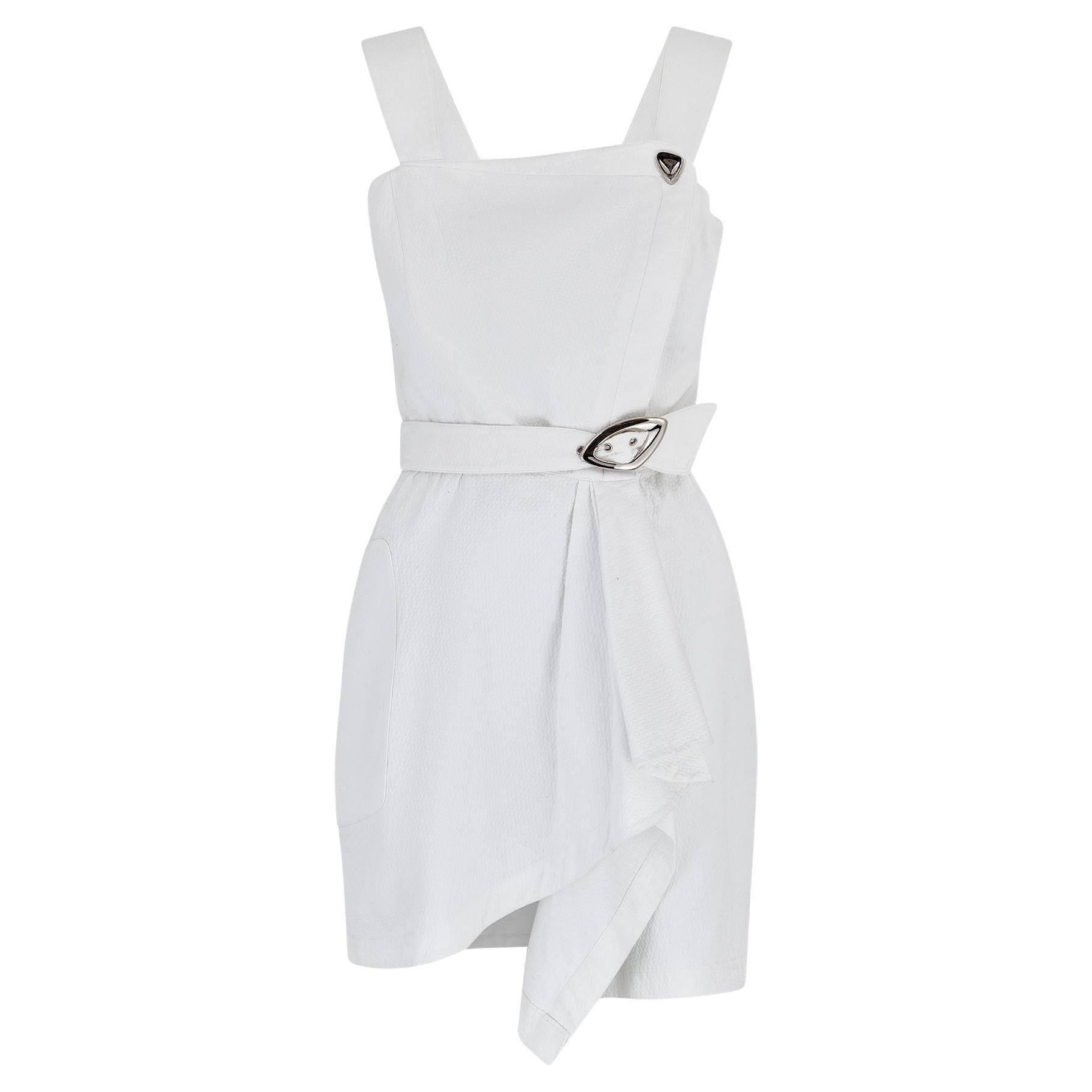 1990er Thierry Mugler Weißes Baumwollminikleid mit Gürteldetail im Angebot