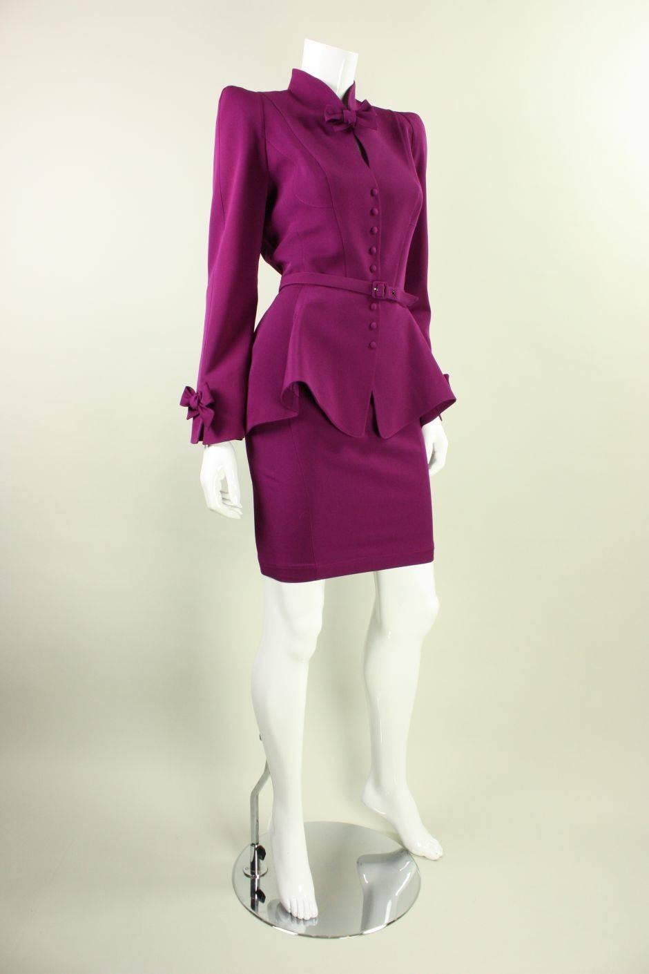 Purple 1990's Thierry Mugler Wool Skirt Suit with Bow Detailing  For Sale