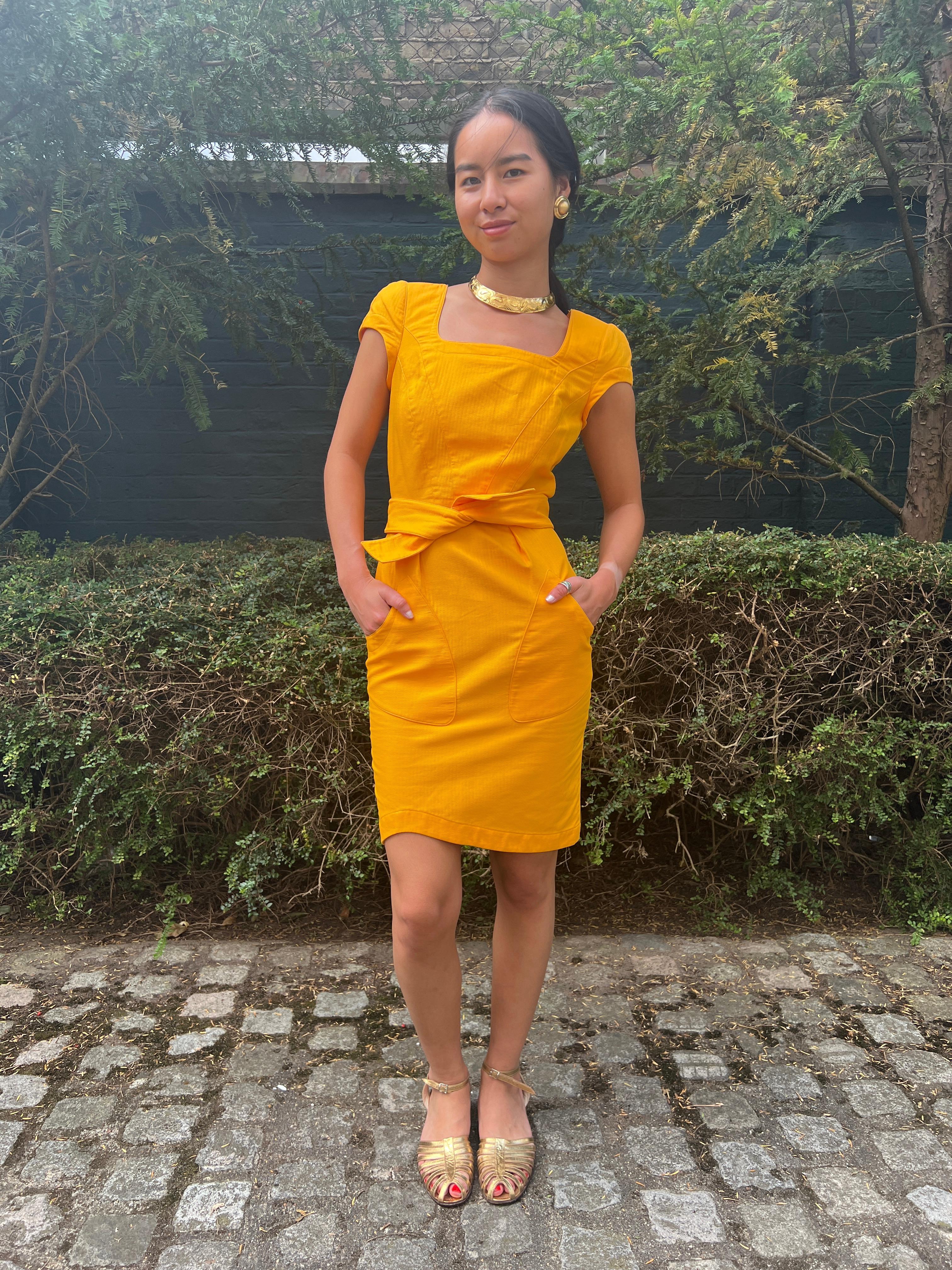 1990s Thierry Mugler Yellow Textured Cotton Dress For Sale 3