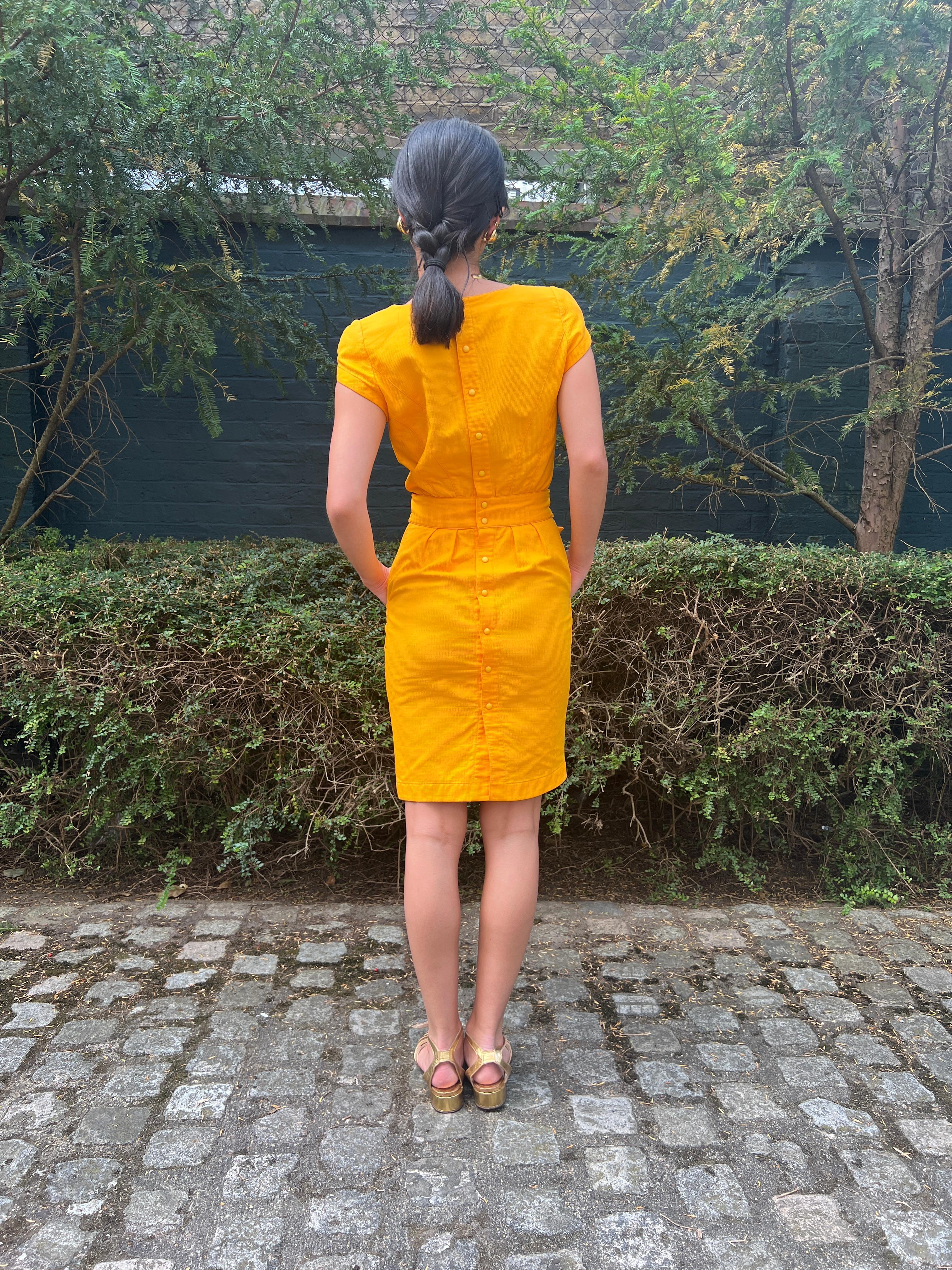 1990s Thierry Mugler Yellow Textured Cotton Dress For Sale 4