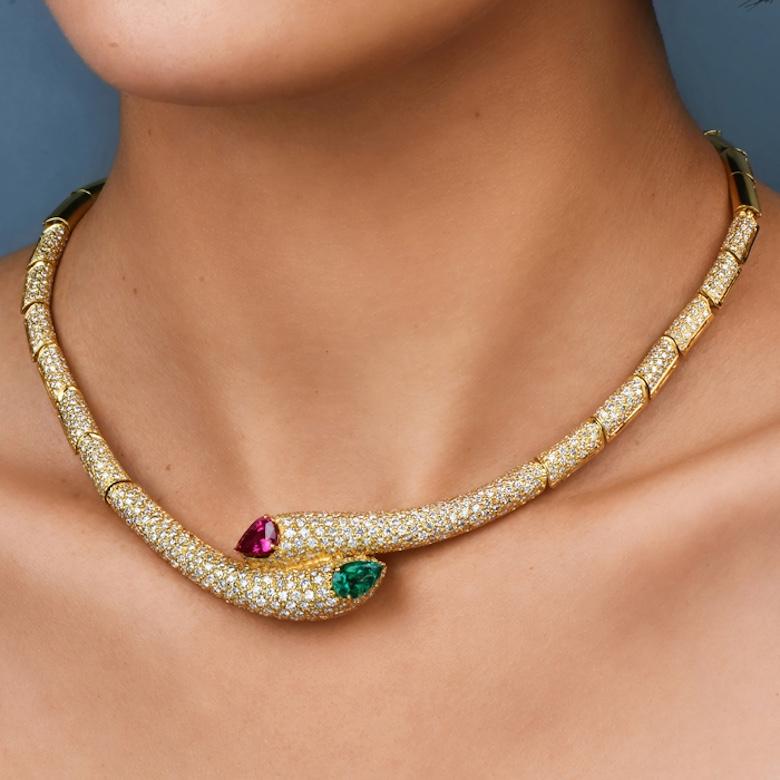 1990s Diamond GIA Ruby Emerald Serpent Bypass Necklace For Sale 3