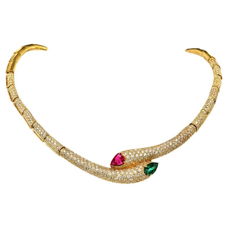 1990s Diamond GIA Ruby Emerald Serpent Bypass Necklace For Sale