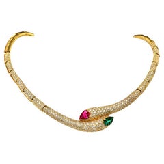 1990er Jahre Diamant GIA Rubin Smaragd Schlange Bypass-Halskette
