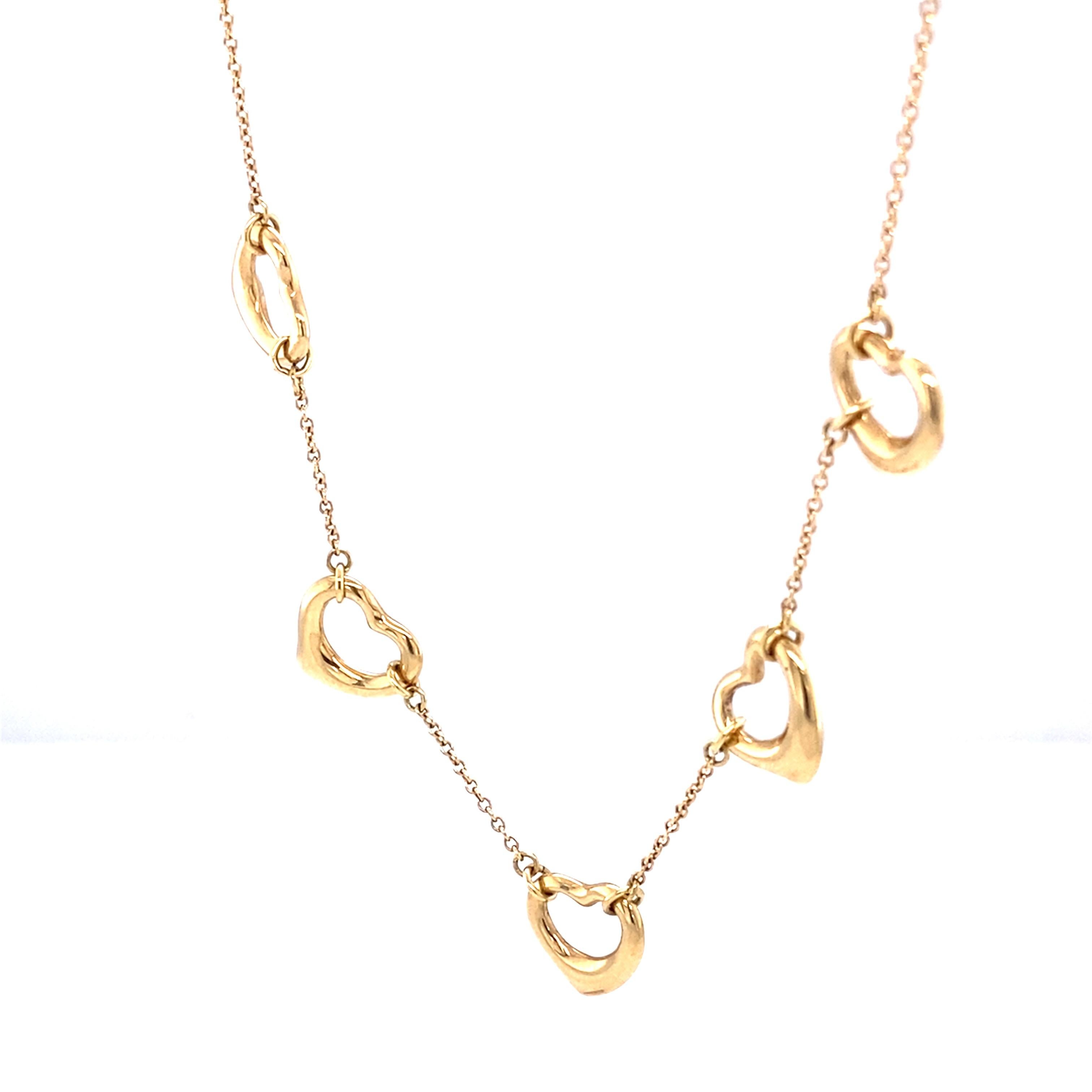 Item Details:
Metal: 18 Karat Yellow Gold
Size: 16 inches
7.2 grams
Hallmark: Peretti, Tiffany & Co., Spain

Item Features:
 1990s Tiffany and Co. Elsa Peretti 18 Karat Yellow Gold Heart Necklace
Features an 18 Karat Yellow Gold fine chain with a