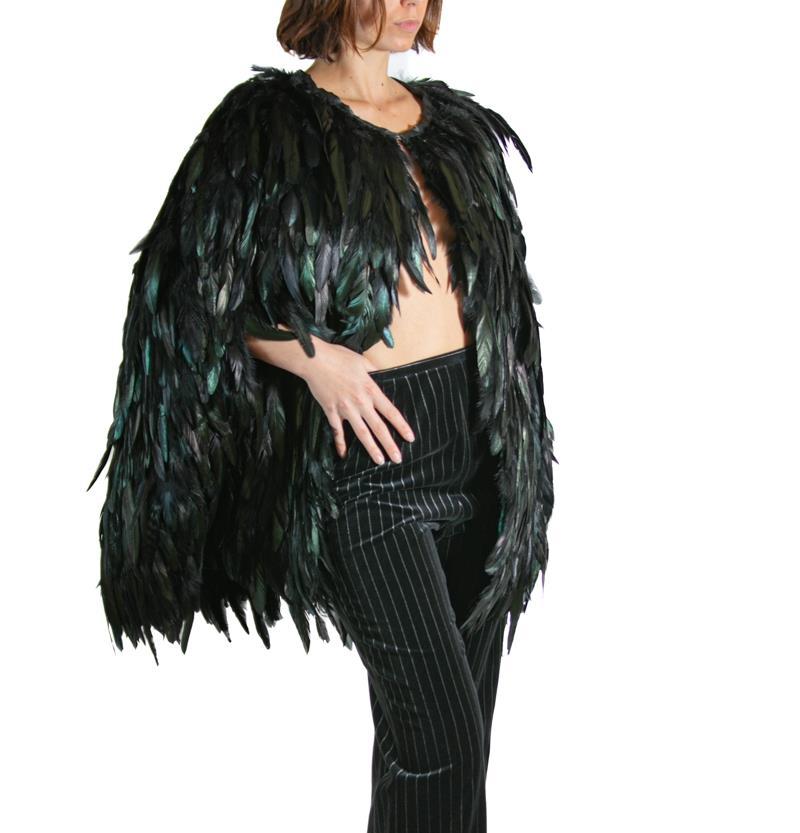 Black 1990S TIMELESS Jewel-Tone Silk & Feather  Poncho